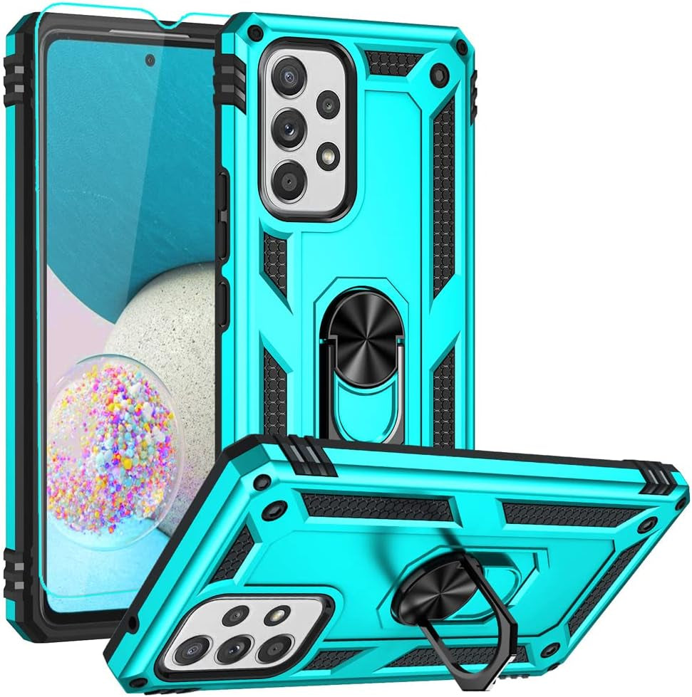 Androgate for Galaxy A53 5G Case, Samsung A53 5G Case with HD Screen Protector, Military-Grade Ring Holder Kickstand Car Mount 15Ft Drop Tested Shockproof Cover Phone Case for Galaxy A53 5G, Blue  E&M Tek Green  