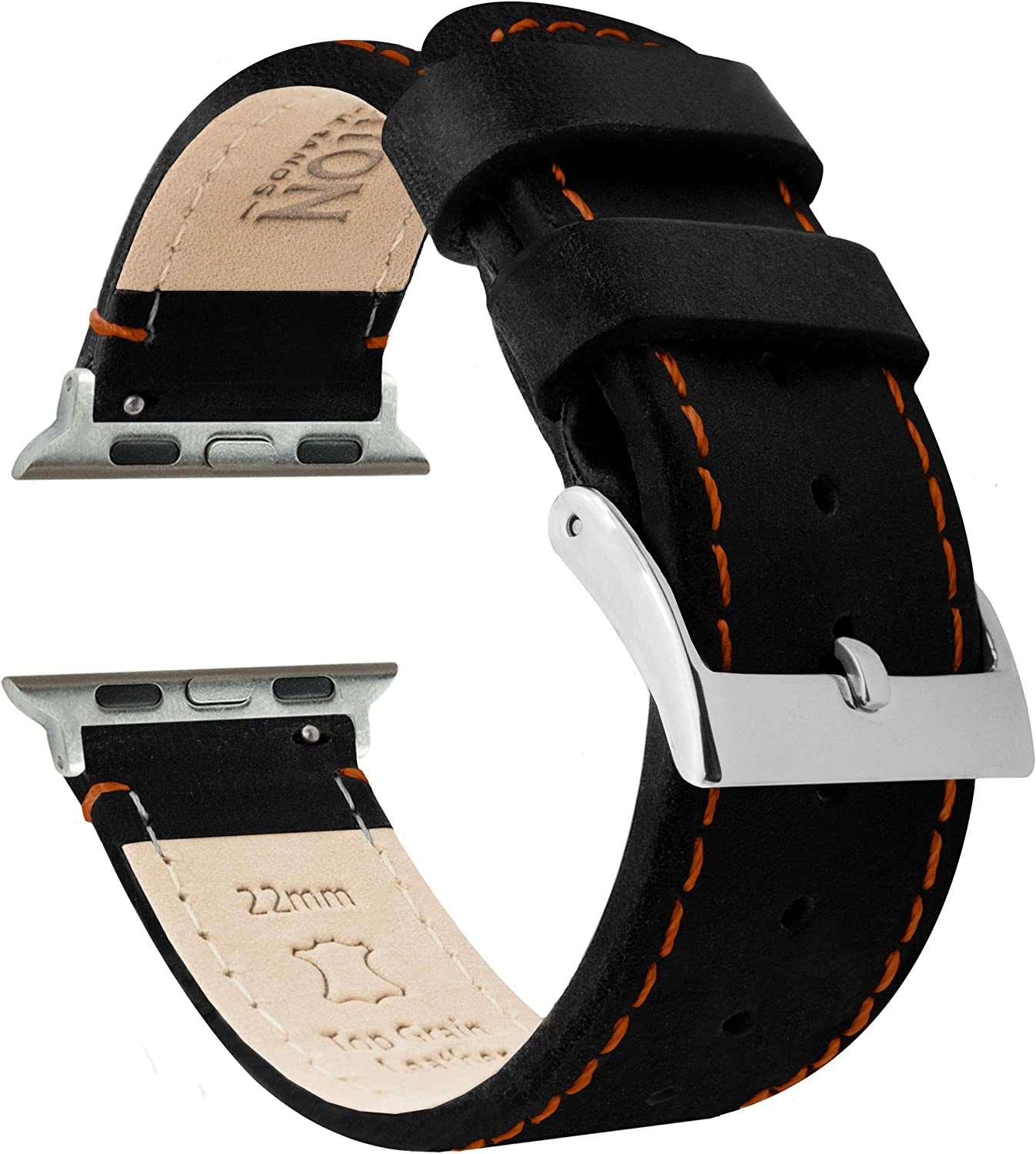 BARTON Top Grain Leather Watch Bands Compatible with All Apple Watch Models - Series 8, 7, 6, 5, 4, 3, 2, 1, SE & Ultra - Size 38Mm, 40Mm, 41Mm, 42Mm, 44Mm, 45Mm or 49Mm  Barton Watch Bands Black Leather / Orange Stitching Large Apple Watch (42mm/44mm/45mm/49mm) 