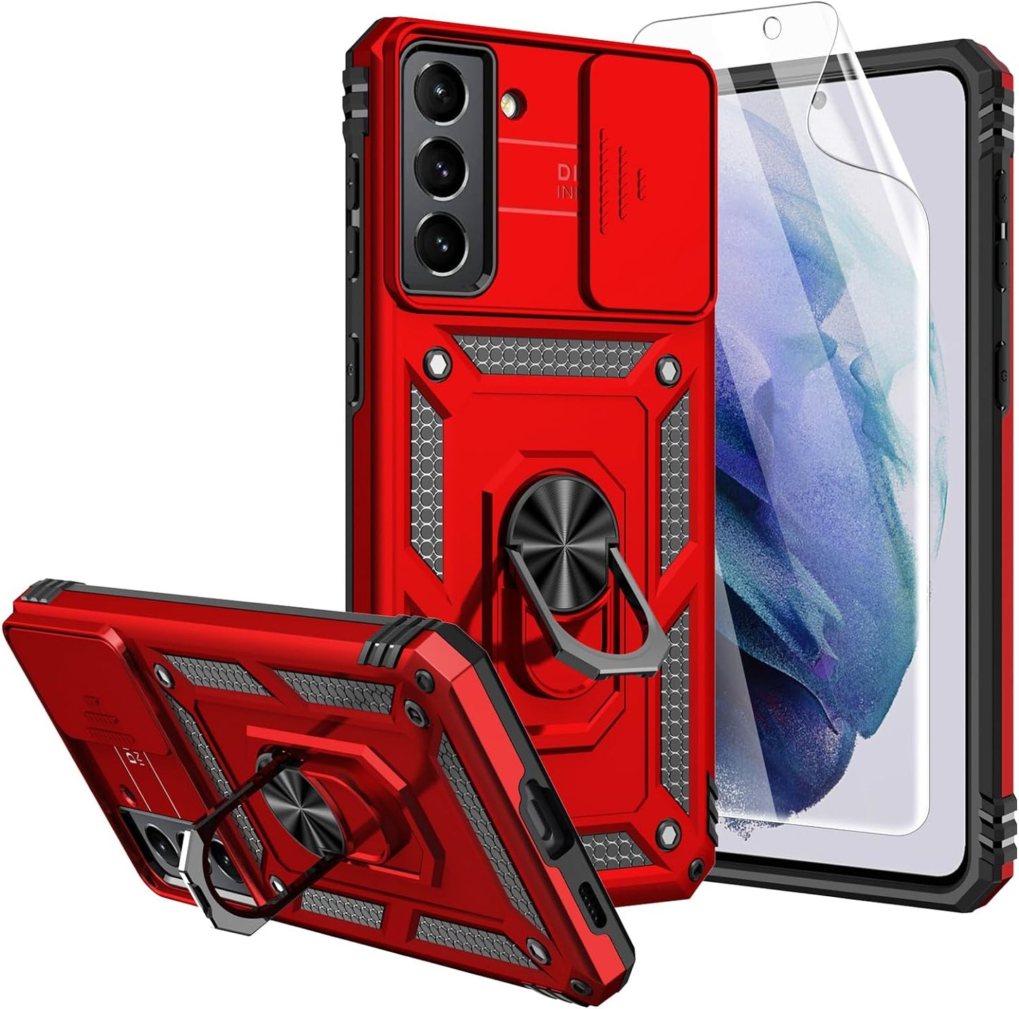 For S21 Case,Galaxy S21 Case,With Screen Protectors and Camera Cover,[Military Grade] 16Ft.Drop Tested Cover with Magnetic Kickstand Protective Case for Samsung Galaxy S21, Purple  SKMY Red  