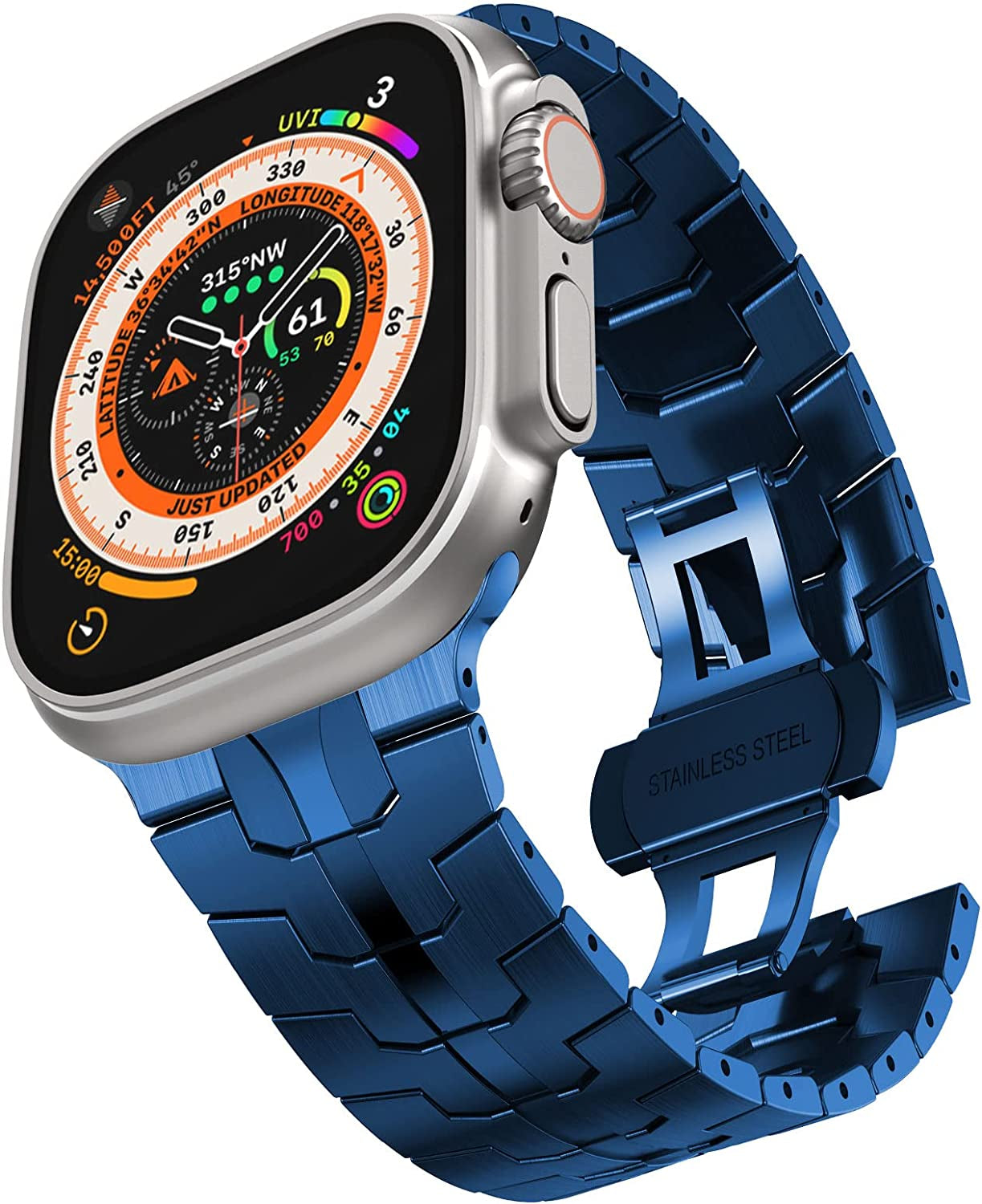 CHANCHY Stainless Steel Band for Apple Watch Ultra Band 49Mm 45Mm 44Mm 42Mm 38Mm 40Mm 41Mm, Metal Strap with Folding Clasp for Apple Watch Series 8 7 6 5 4 3 2 1 SE Men (Black, 49Mm 45Mm 44Mm 42Mm)  CHANCHY Blue 42mm/44mm/45mm/Ultra 49mm 