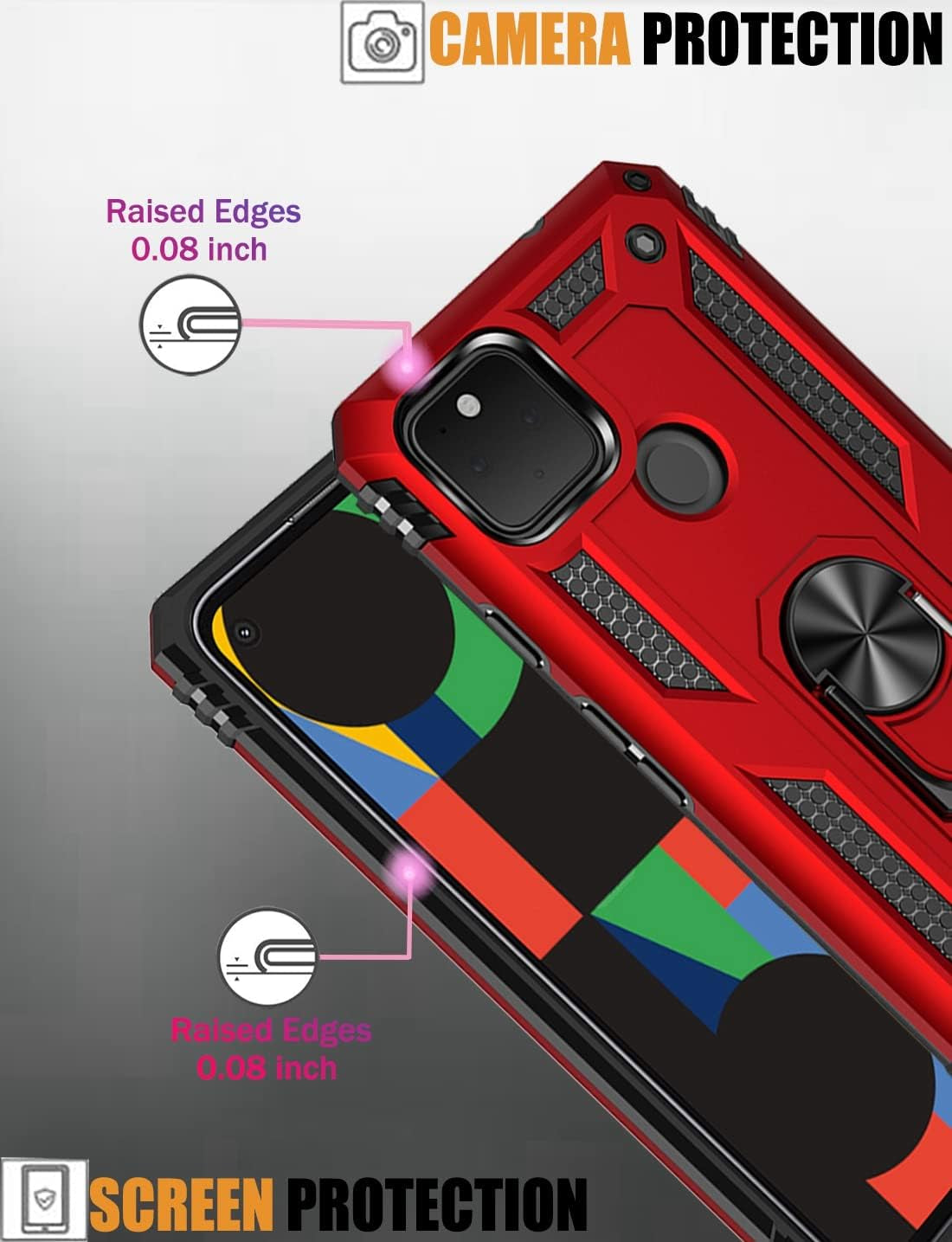 Zoeirc for Pixel 4A 5G Case, Pixel 5XL G025I Case with Tempered Glass Screen Protector, [Military Grade] Magnetic Car Ring Holder Mount Kickstand Protective Cover Case for Google Pixel 4A 5G (Red)  Zoeirc   