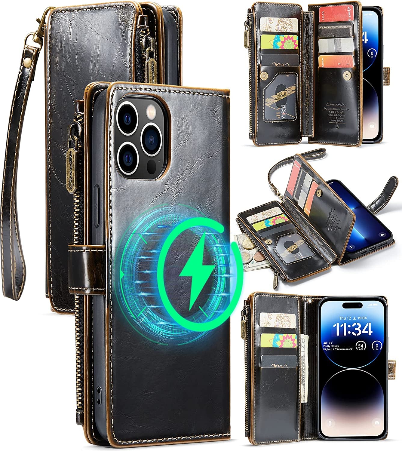 FLIPALM Wallet Case for Iphone 14 Pro(6.1") Flip Case,Compatible with Magsafe Charger,Pu Leather Zipper Protective Lanyard Strap Wristlet Case with Magnetic Closure and Card Holder Luxury Coffee  FLIPALM Luxury Coffee iPhone 14 Pro Max 