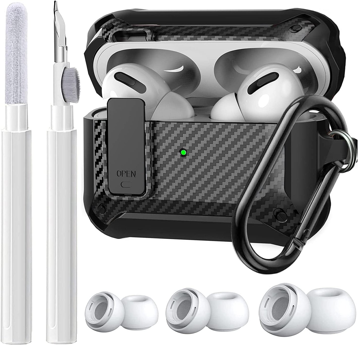 [4 in 1] Airpods Pro 2 Gen/Pro Case Lock with Cleaner Kit&Replacement Ear Tips(S/M/L), Olytop Rugged Airpod Pro 2Nd/1St Generation Protective Cover for Ipod Pro 2019/2022 with Keychain, Black/Red  Olytop Black  