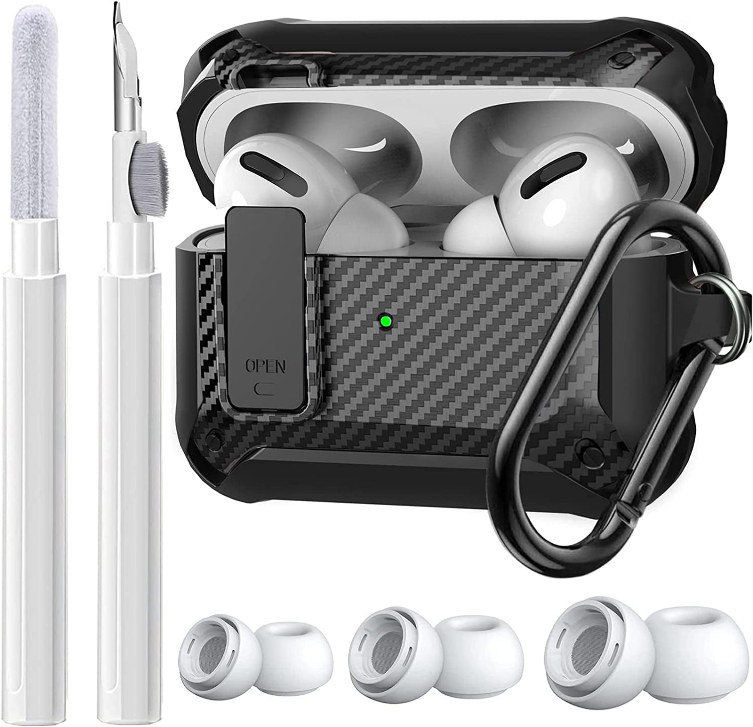 [4 in 1] Airpods Pro 2 Gen/Pro Case Lock with Cleaner Kit&Replacement Ear Tips(S/M/L), Olytop Rugged Airpod Pro 2Nd/1St Generation Protective Cover for Ipod Pro 2019/2022 with Keychain, Black/Red  Olytop Black  