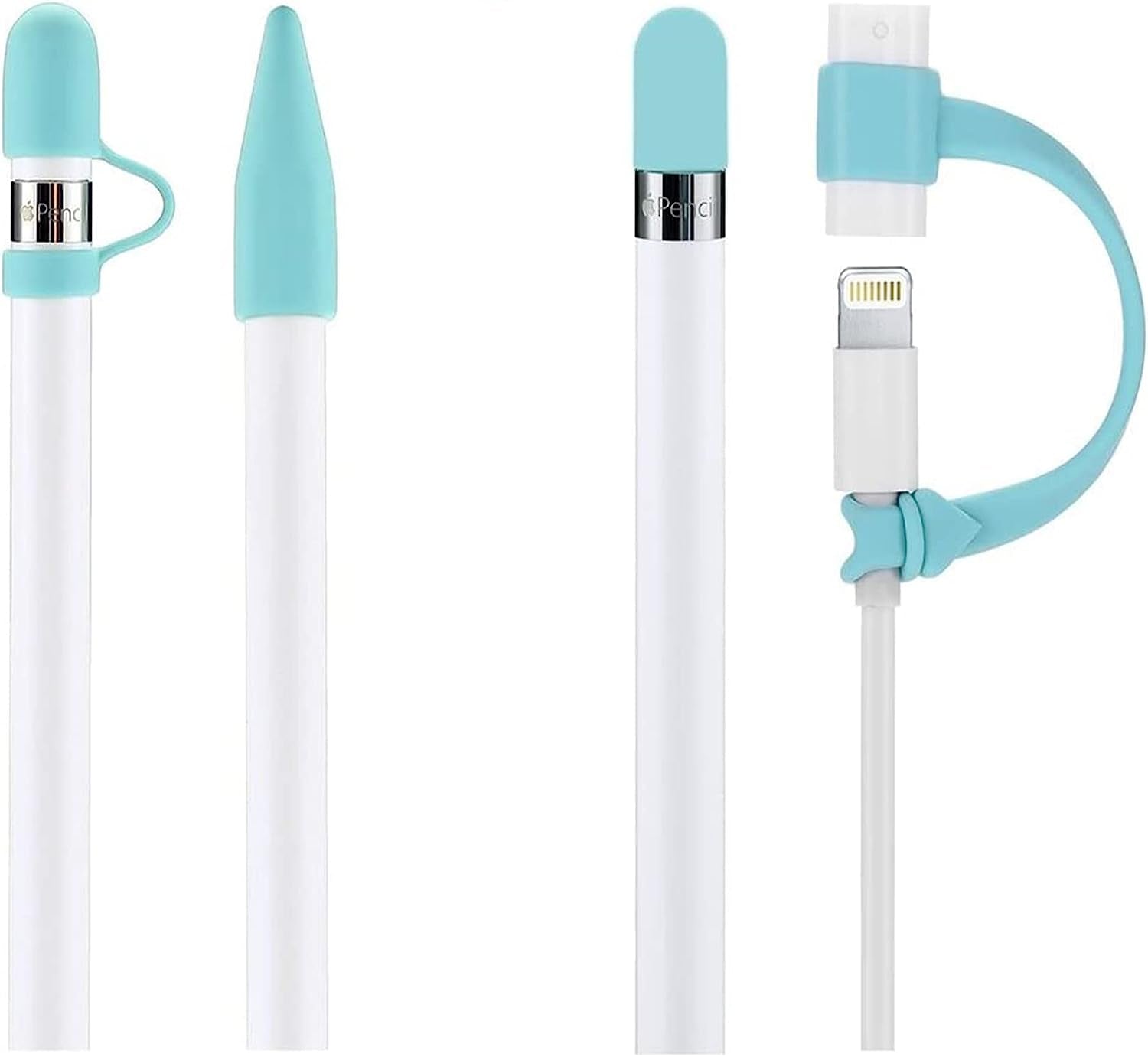Siduater [4-Pack] Silicone Protective Accessories for Apple Pencil 1St Generation, Includes 1 Apple Pencil Cap Replacements, Apple Pencil Cap Holder, Apple Pencil Tip Cover, Adapter Tether - White  siduater Mint Green  