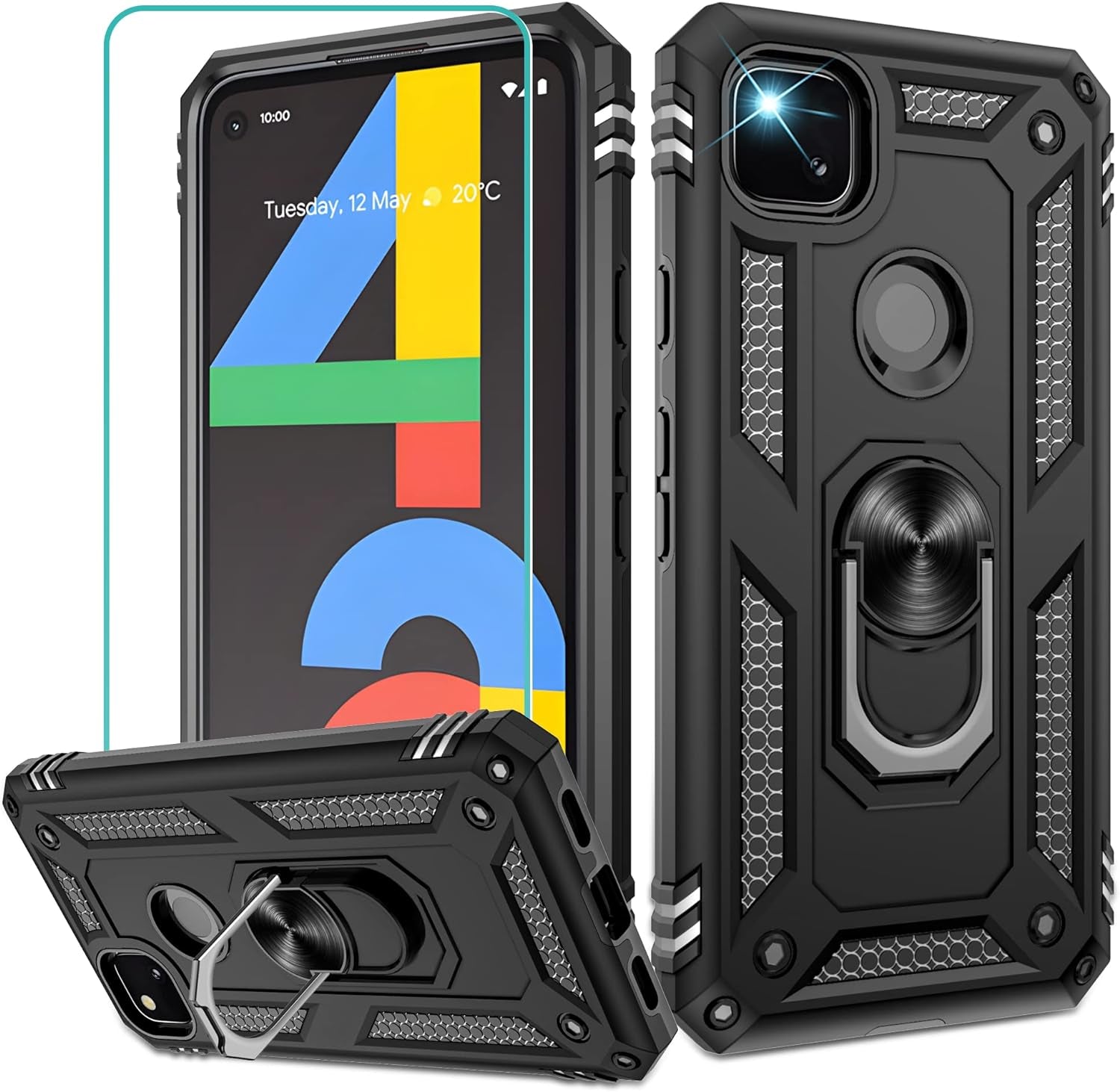 Gritup Google Pixel 4A Case (No Fit for Pixel 4A 5G) with HD Screen Protector, Military-Grade Protective Heavy Duty Phone Case with Magnetic Kickstand Ring for Google Pixel 4A Purple  Gritup Black  