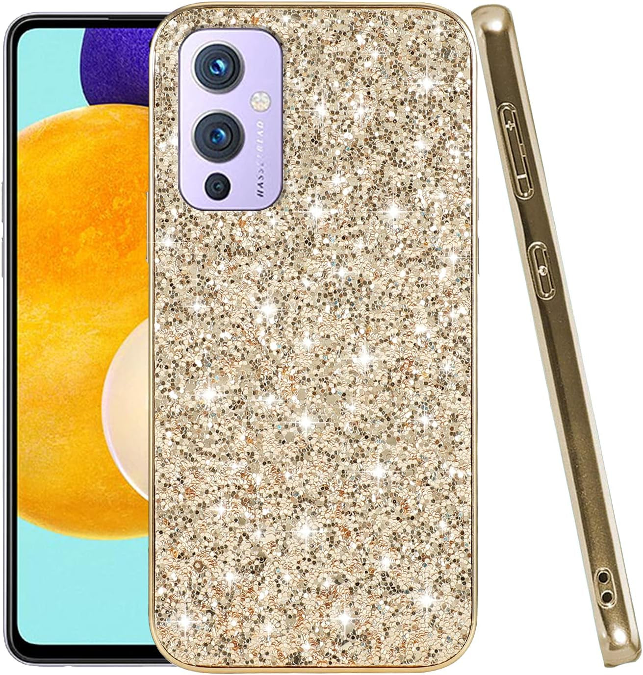 Compatible with Oneplus 9 Case Glitter Shockproof,Oneplus 9 Phone Case Bling Sparkly Soft TPU and PC Silicone Shiny Girl Women Thin Protective Cover (Blue)  Wousunly Gold  