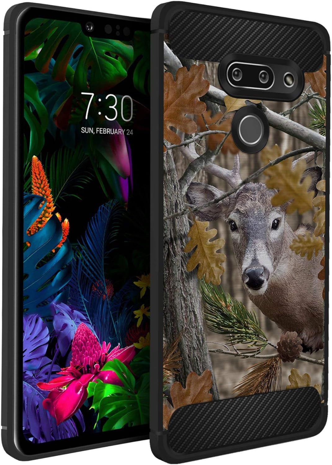 Casesondeck Flag Case Compatible with [LG G8 Thinq] Hunters Series Slim No Bulk Carbon Fiber Texture Black Flexible TPU Material (Deer Flag)  CasesonDeck Deer Tree Camo  