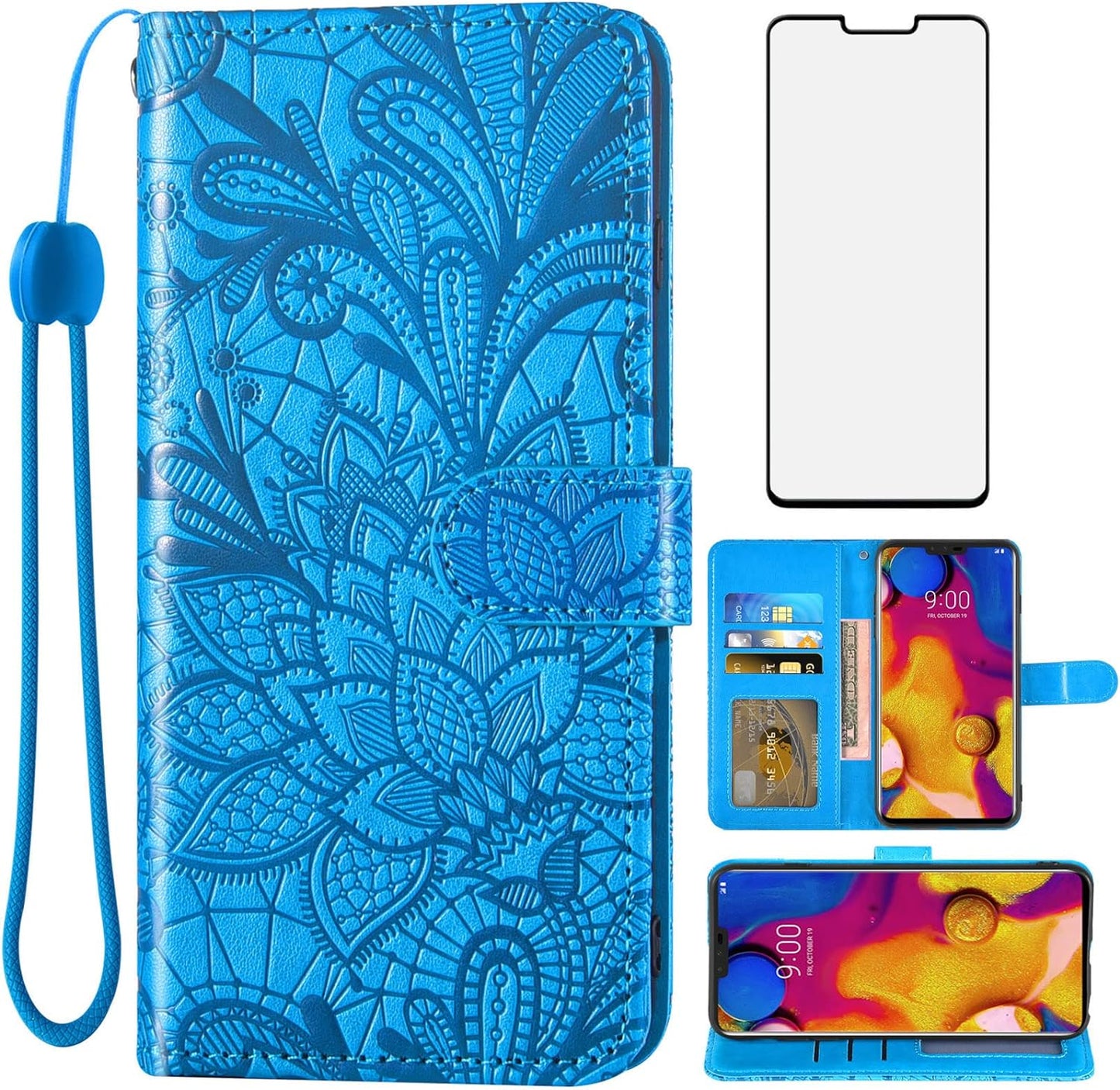 Asuwish Phone Case for LG V40 Thinq with Tempered Glass Screen Protector and Lace Wallet Cover Flip Card Holder Stand Cell Accessories LGV40 Storm V 40 Thin Q V40Thinq LG40 40V 40Thinq Women Men Grey  Asuwish Blue  