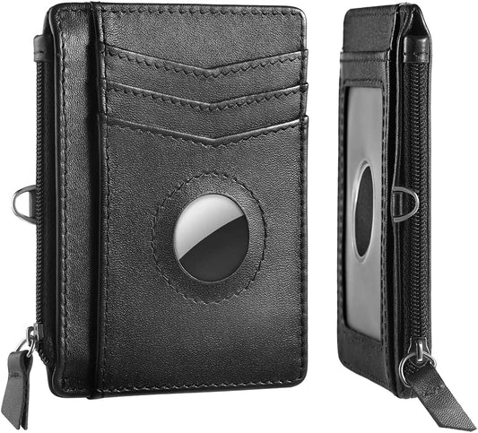 Minimalist Airtag Wallet Genuine Leather for Men, Slim Airtag Wallet with Zipper and Airtag Holder, Front Pocket Air Tag Wallet with RFID Blocking, Best Father'S Day Gift for Father Boyfriend Husband  OUTXE   