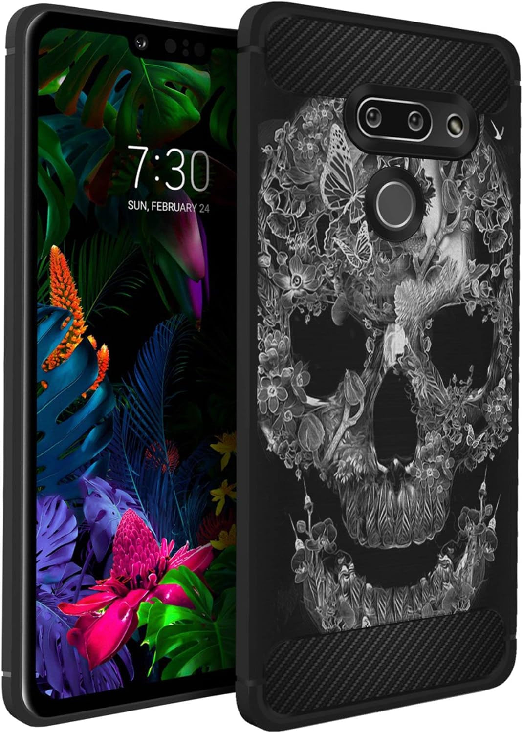 Casesondeck Slim Case Compatible with [LG G8 Thinq/Lg G8] Thin Scratch Preventing TPU, Matte Finish Carbon Fiber Texture Edges (Artic Wolf)  CasesonDeck Flower Skull  