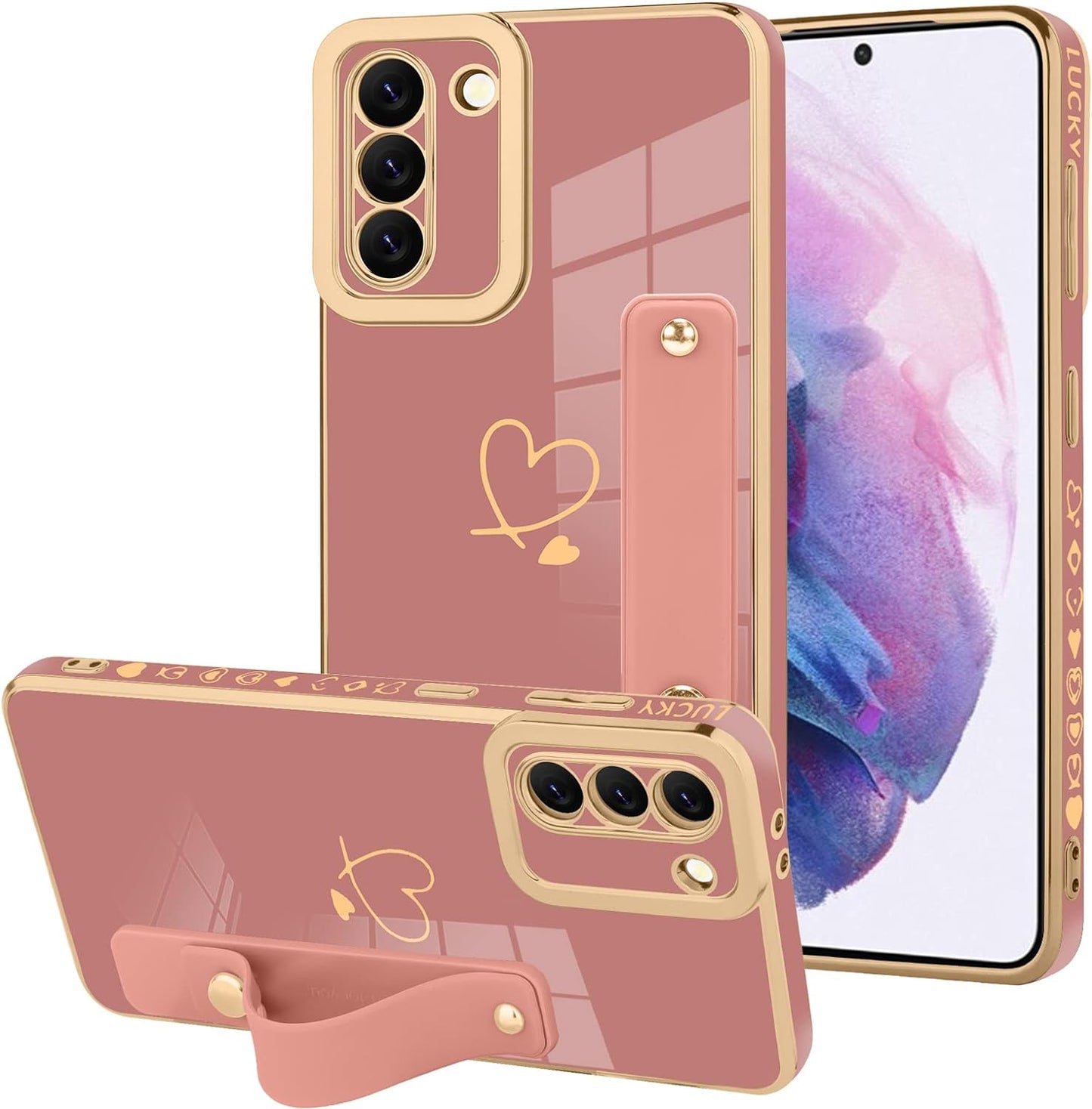 ZIYE Galaxy S21 plus 5G Luxury Electroplated Case with Strap Love Heart Plating Gold Bumper Cover for Women Girls Anti-Scratch Shockproof Back Phone Case for Samsung Galaxy S21 plus 5G 6.7 Inch  ZIYE Pink  
