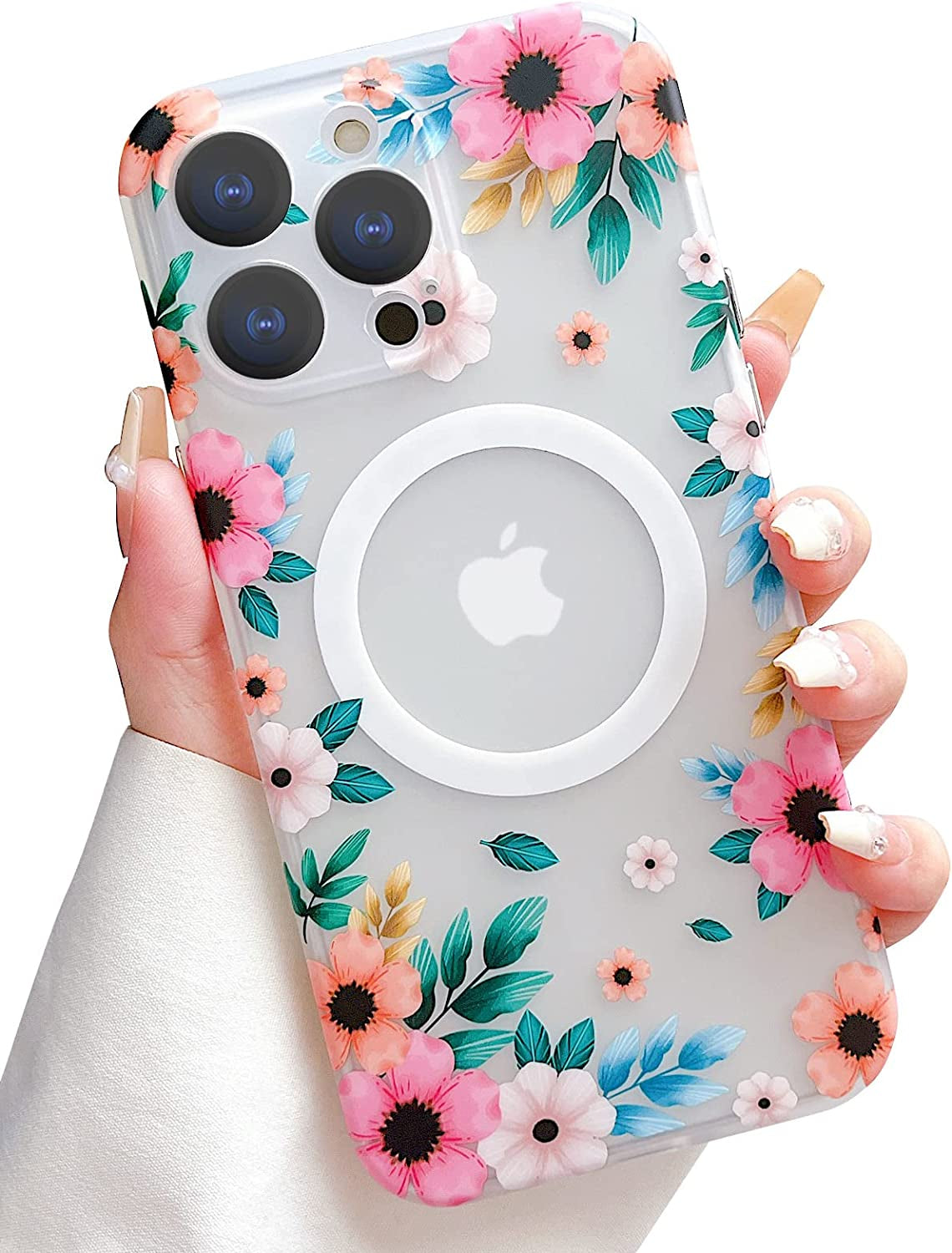 Yeddabox for Iphone 14 Pro Max Case Compatible with Magsafe, Floral Print Magnetic Translucent Matte Lens Camera Protection Flower Phone Case for Iphone 14 Pro Max for Women Girls - Pink  Yeddabox Colorful  