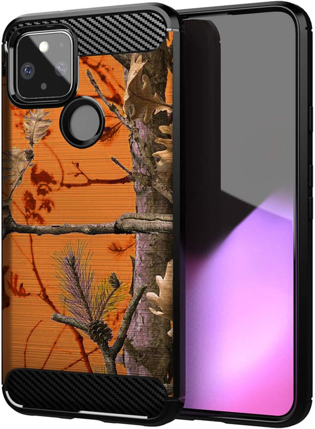 Casesondeck Camo Case Compatible with Google Pixel 4A 5G (2020), Carbon Fiber Texture Slim Fitted Matte Cover with Design (Sunset Deer)  Cases on Deck Orange Tree Camo  