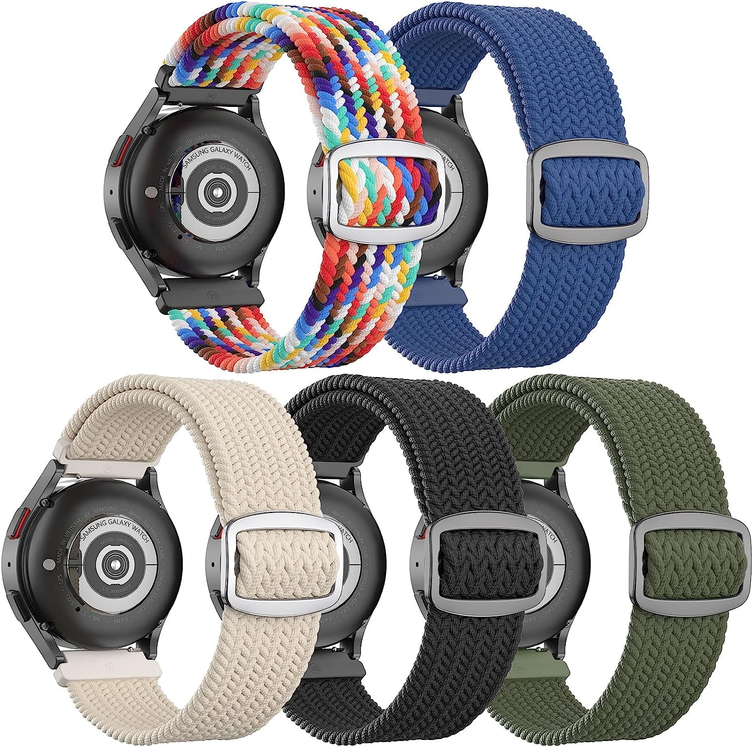 20Mm Braided Bands Compatible with Samsung Galaxy Watch 5&4 Band/Active 2 40Mm 44Mm/Galaxy Watch 5 Pro 45Mm/Galaxy Watch 4 Classic 42Mm 46Mm/Watch 3 41Mm, 5 Pack Elastic Stylish Quick Release Bands  ABOVEACC D-Pride Edition/Starlight/Blue/Army Green/Black  