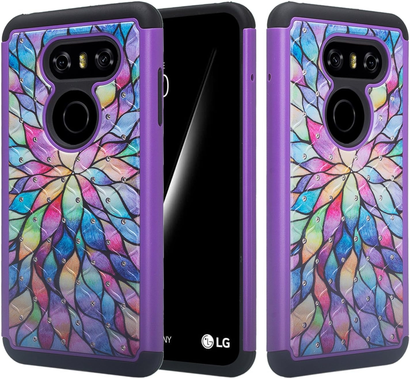 Galaxy Wireless Compatible for LG V30, LG V30 [Impact Resistant] Diamond Hybrid Dual Layer Armor Defender Protective Silicone Bumper - (Hot Pink Heart) (Rainbow Flower)  GALAXY WIRELESS   