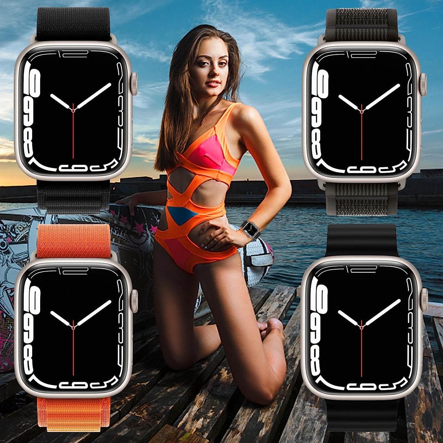4 Pack Alpine Trail Loop Ocean Band Compatible with Apple Watch Band 49Mm 45Mm 44Mm 42Mm Women Men,Adjustable with Sport Strap for Iwatch Ultra Series 8/7/6/5/4/3/2/1/Se,A-Black/Orange/T-Black/O-Black  FnKer   