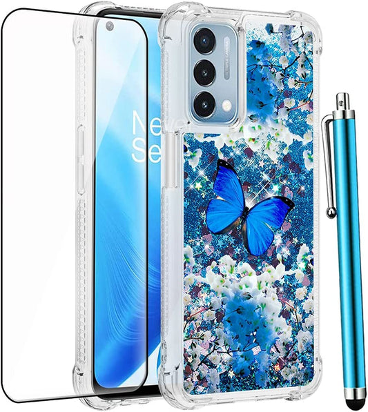 CAIYUNL for Oneplus Nord N200 5G Case with Tempered Glass Screen Protector, Glitter Bling Flowing Liquid Sparkle Women Girls Soft TPU Shockproof Protective Cute Case for Oneplus Nord N200 5G-Butterfly  CAIYUNL   