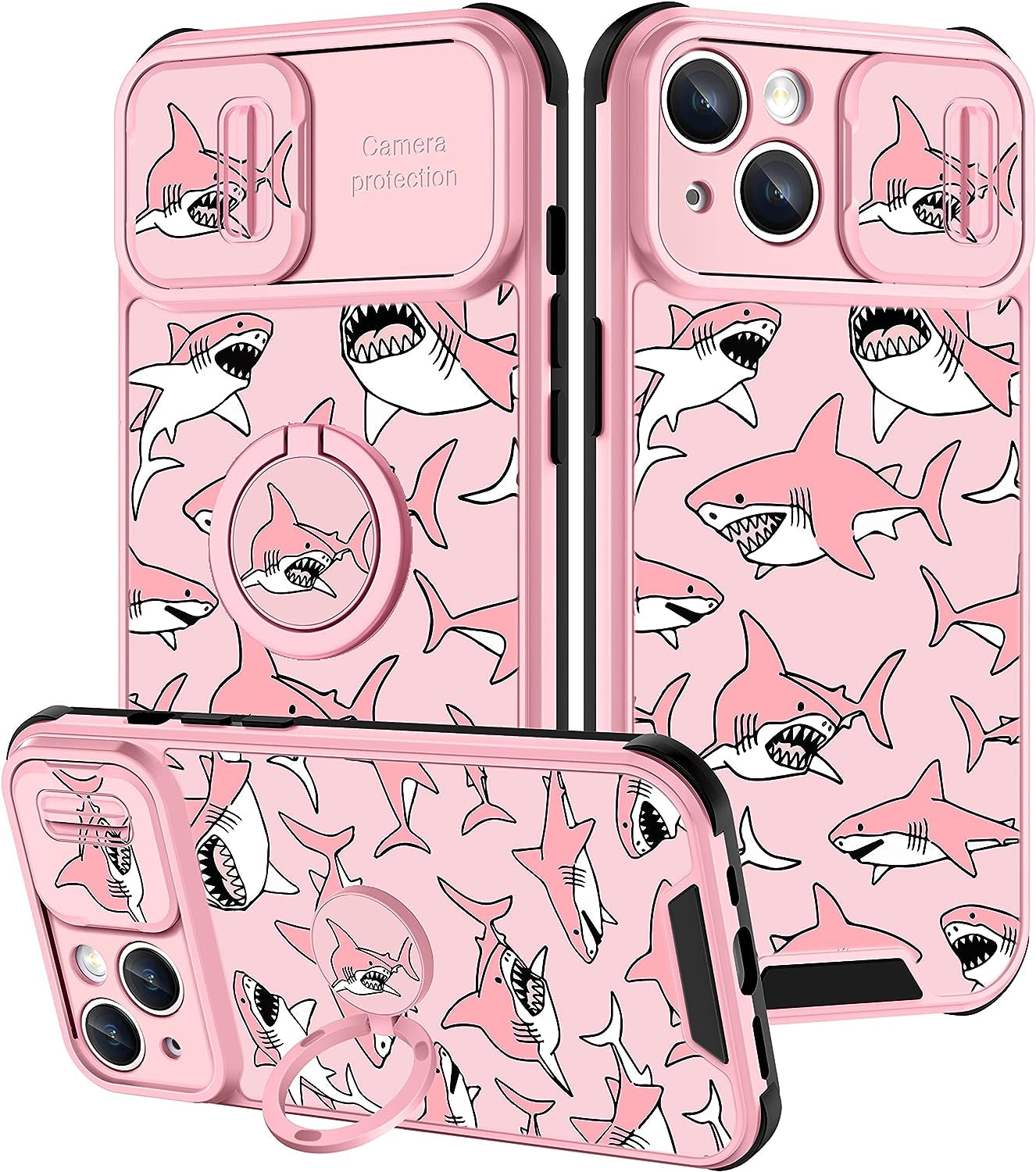 Goocrux (2In1 for Iphone 14 plus Case for Girls Women Kawaii Cartoon Girly Phone Cover Cute Unique Design with Slide Camera Cover+Ring Holder Pink Rainbow Cases for Iphone 14Plus 6.7 Inch  Goocrux Pink_Shark  