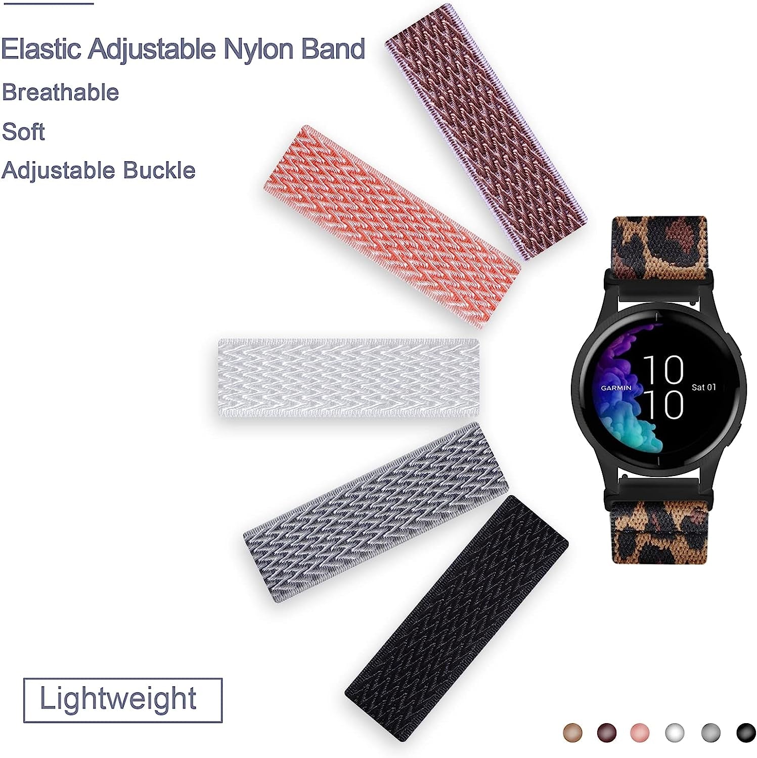 Wizvv Stretchy Nylon Watch Bands Compatible with Garmin Venu Sq/Venu for Women Men, 20Mm Loop Breathable Elastic Strap Replacement for Garmin Vivoactive 3/Venu 2 Plus/Forerunner 245/55/645 Music (10 Pack)  Wizvv   