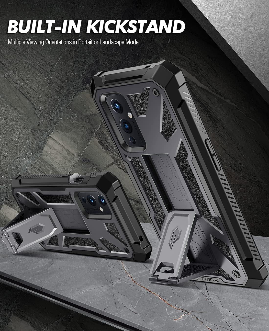 Poetic Spartan Series Designed for Oneplus 9 5G Case, Full-Body Rugged Shockproof Protective Cover with [Premium Leather Texture], Kickstand and Built-In Screen Protector, Metallic Gun Metal  Poetic   