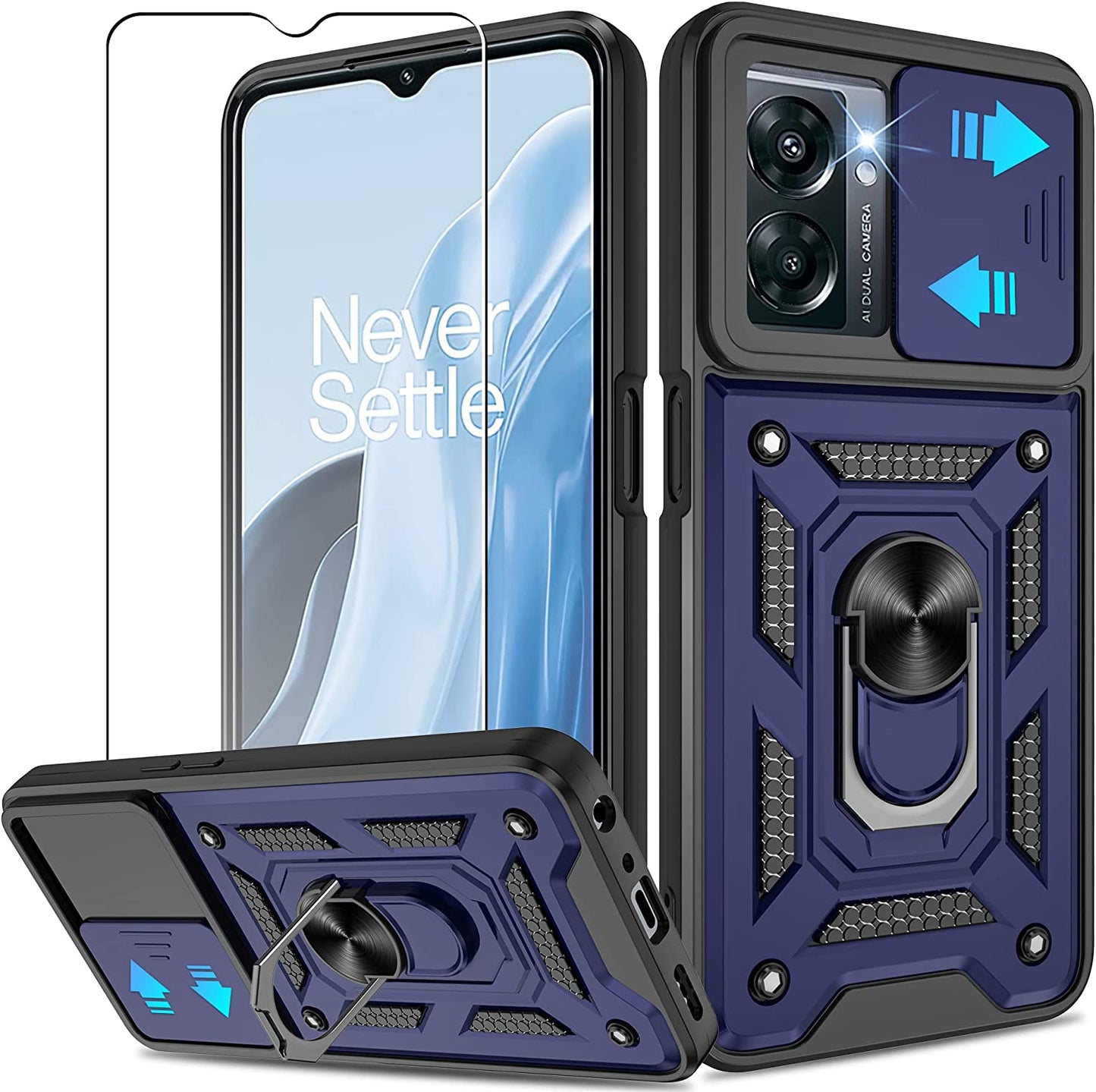 ATUMP for Oneplus Nord N300 5G Case with HD Screen Protector, Heavy Duty Shockproof with 360° Rotation Metal Kickstand [Military Grade] Protective Case for Oneplus Nord N300 5G, Black  Atump A Blue  