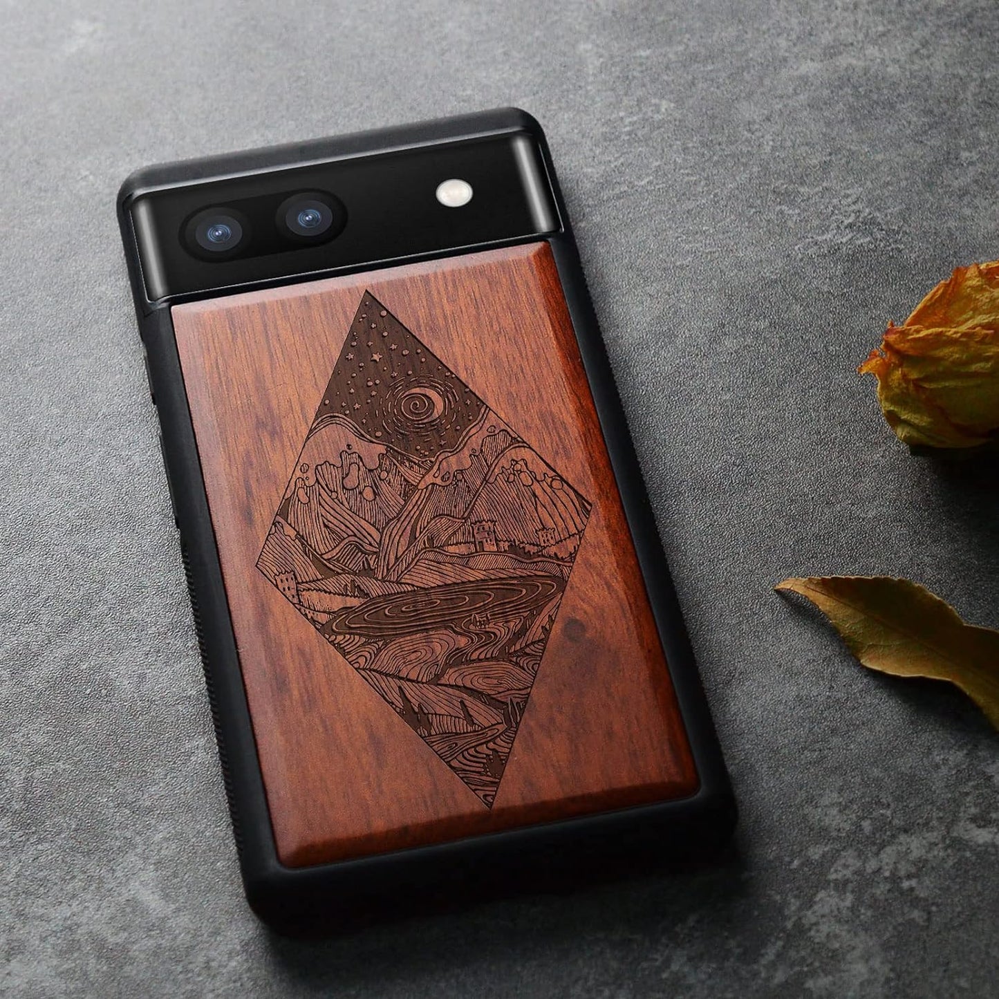 Carveit Wood Case for Pixel 6A Case 2022 [Natural Wood & Black Soft TPU] Shockproof Protective Cover Unique & Classy Wooden Case Compatible with Google Pixel 6A Case (Starry Night-Rosewood)  Carveit   