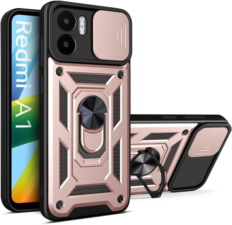 Ccsmall Case for Xiaomi Redmi A1 with Slide Camera Cover, Military Grade Drop Protective Phone Cover Case with Ring Kickstand for Xiaomi Redmi A1 SJ Green  CCSmall Rose Gold  