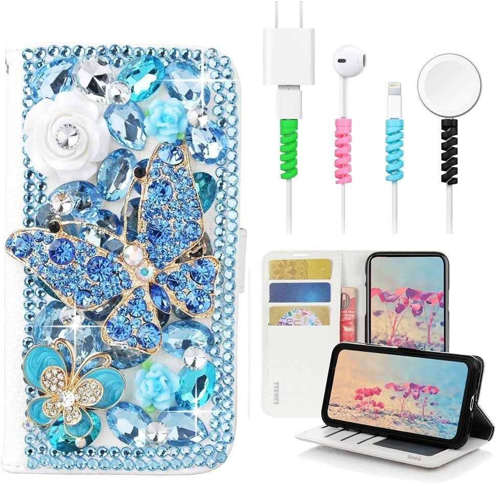 STENES Bling Wallet Case Compatible with LG V40 Thinq - Stylish - 3D Handmade Gemstone Octopus Crown Leather Cover with Cable Protector [4 Pack] - Light Blue  STENES Butterfly Flowers / Blue Design For Lg V35 Thinq 