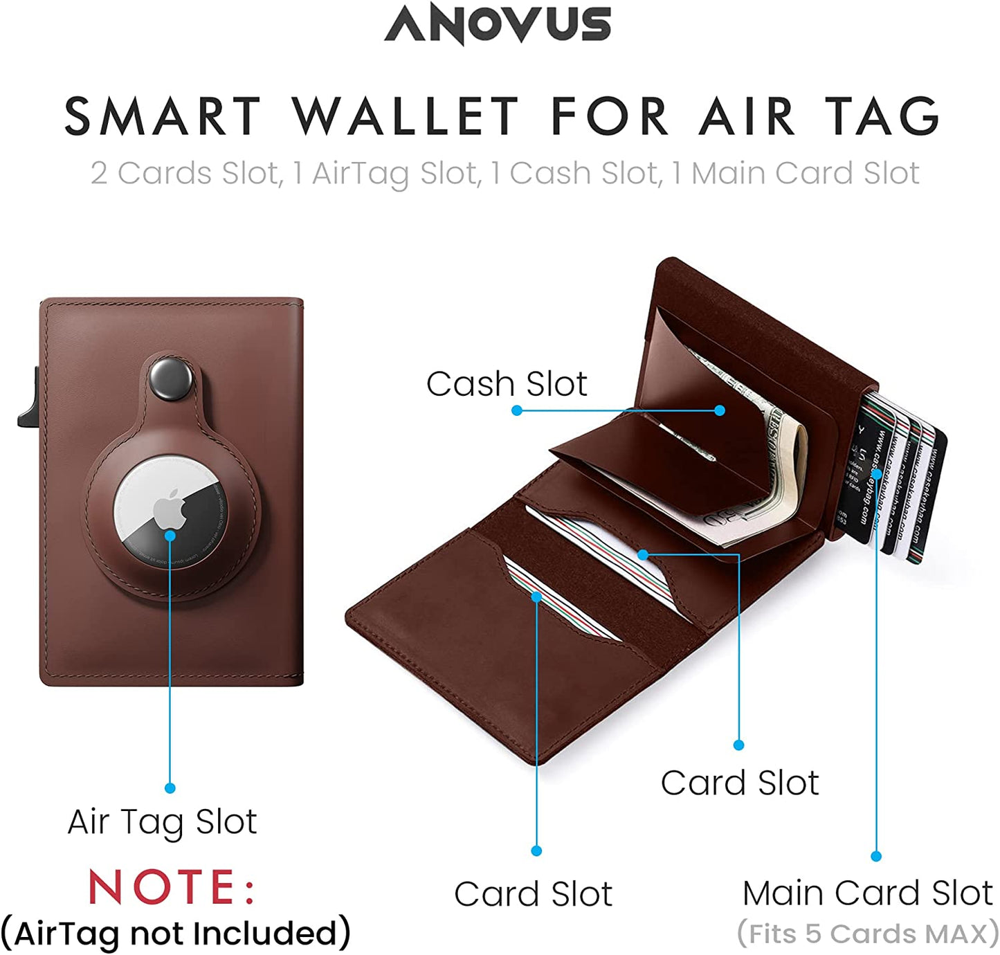 Anovus Airtag Wallet (Brown) | Trackable Wallet with Airtag Holder | Rfid-Blocking Minimalist Leather Wallet | Slim Leather Airtag Wallet - Men and Women| Smart Wallet - Airtag Not Included  Anovus   