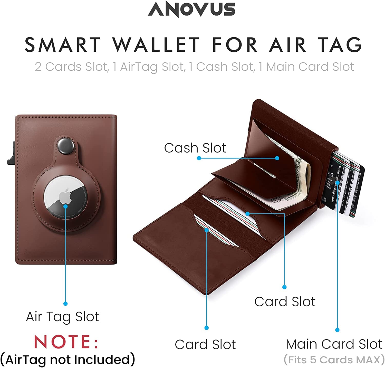 Anovus Airtag Wallet (Brown) | Trackable Wallet with Airtag Holder | Rfid-Blocking Minimalist Leather Wallet | Slim Leather Airtag Wallet - Men and Women| Smart Wallet - Airtag Not Included  Anovus   