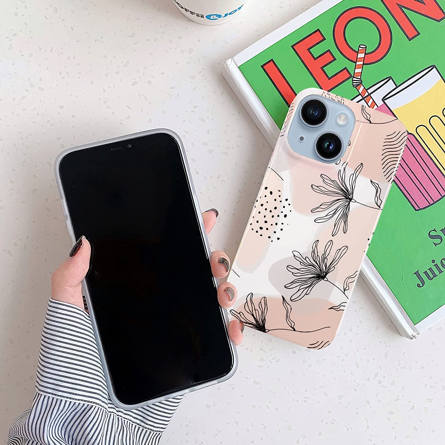 J.West Design for Iphone 14 Case 6.1,Aesthetic Minimalist Boho Modern Abstract Prints Slim Geometric Line Plant Floral Pattern Pink Soft TPU Shockproof Cover Protective Phone Case for Women Leaves  J.west   