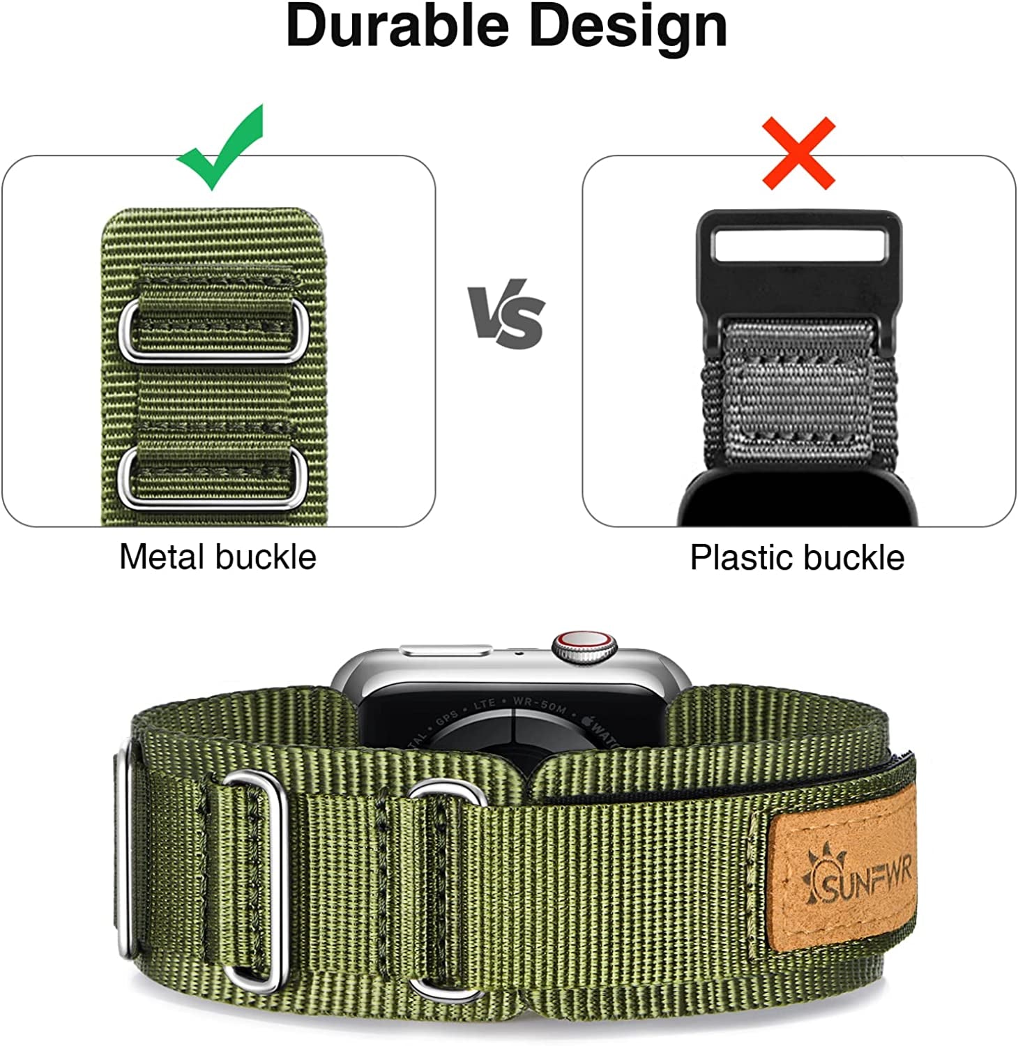 SUNFWR Compatible with Apple Watch Band 42Mm 44Mm 45Mm 49Mm 38Mm 40Mm 41Mm, Rugged Replacement Velcro Strap with Three Buckle Loop Design Tough Nylon Band for Iwatch Ultra Series 8/7/6/5/4/3/2/1/SE  SUNFWR   