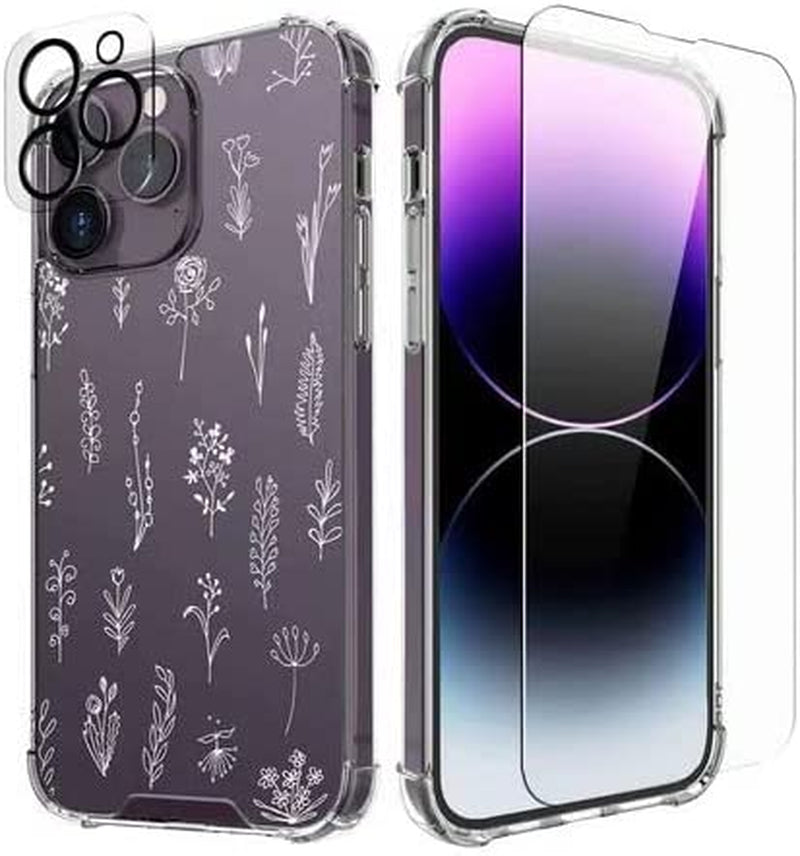 Cutebe [3 in 1 Crystal Phone Case for Iphone 13(2021)/Iphone 14(2022) 6.1", Cute Protective Cover with 9H Temper Glass Screen Protector + HD Temper Camera Lens Protector for Women, Girls  Cutebe iPhone 14 Pro-Wild Floral iPhone 14 Pro Case 6.1 Inch 