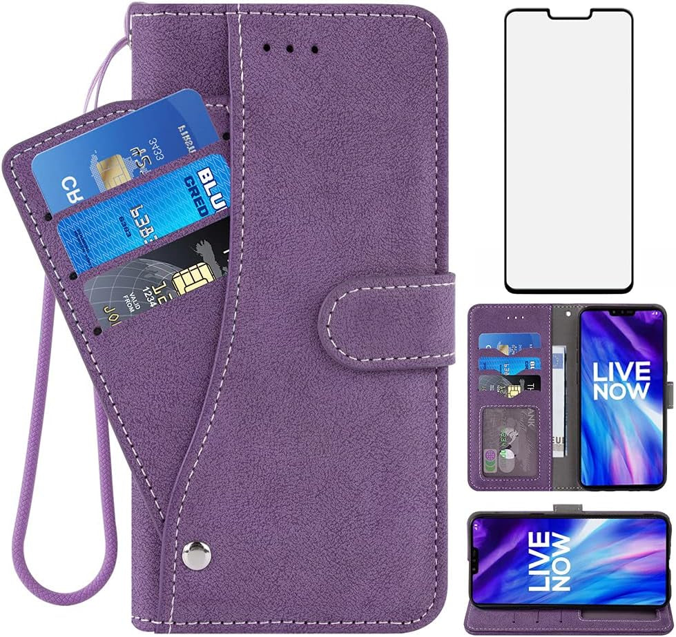 Compatible with LG V40 Thinq Wallet Case and Tempered Glass Screen Protector Flip Cover Credit Card Holder Stand Cell Phone Cases for LGV40 Storm V 40 Thin Q V40Thinq LG40 40V 40Thinq Women Men Black  NSS Purple  