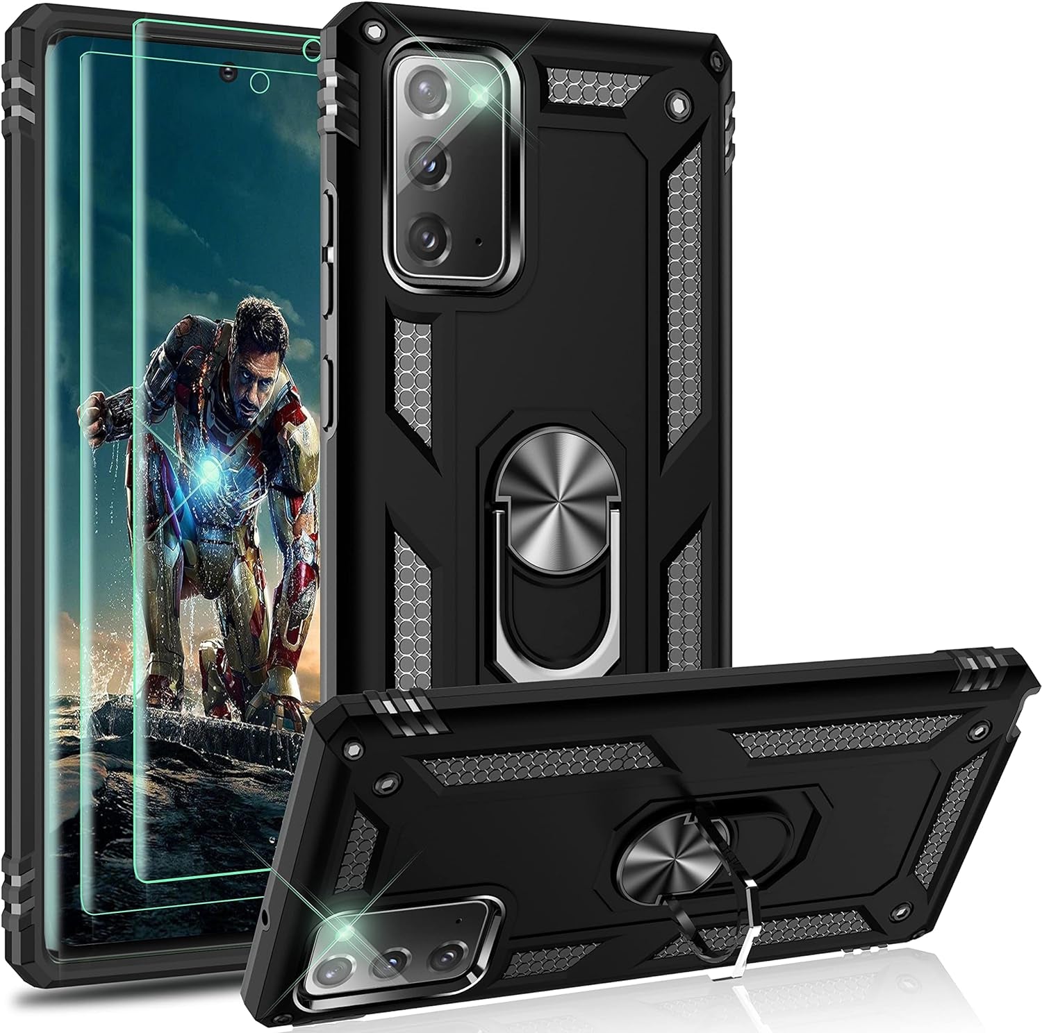 Ymhxcy Galaxy Note 20 Case, Samsung Note 20 5G Case, Armor Grade Cases with Rotating Holder Kickstand Non-Slip Hybrid Rugged Phone Case for Samsung Galaxy Note 20 6.7"-KK Dark Green  YmhxcY Black  
