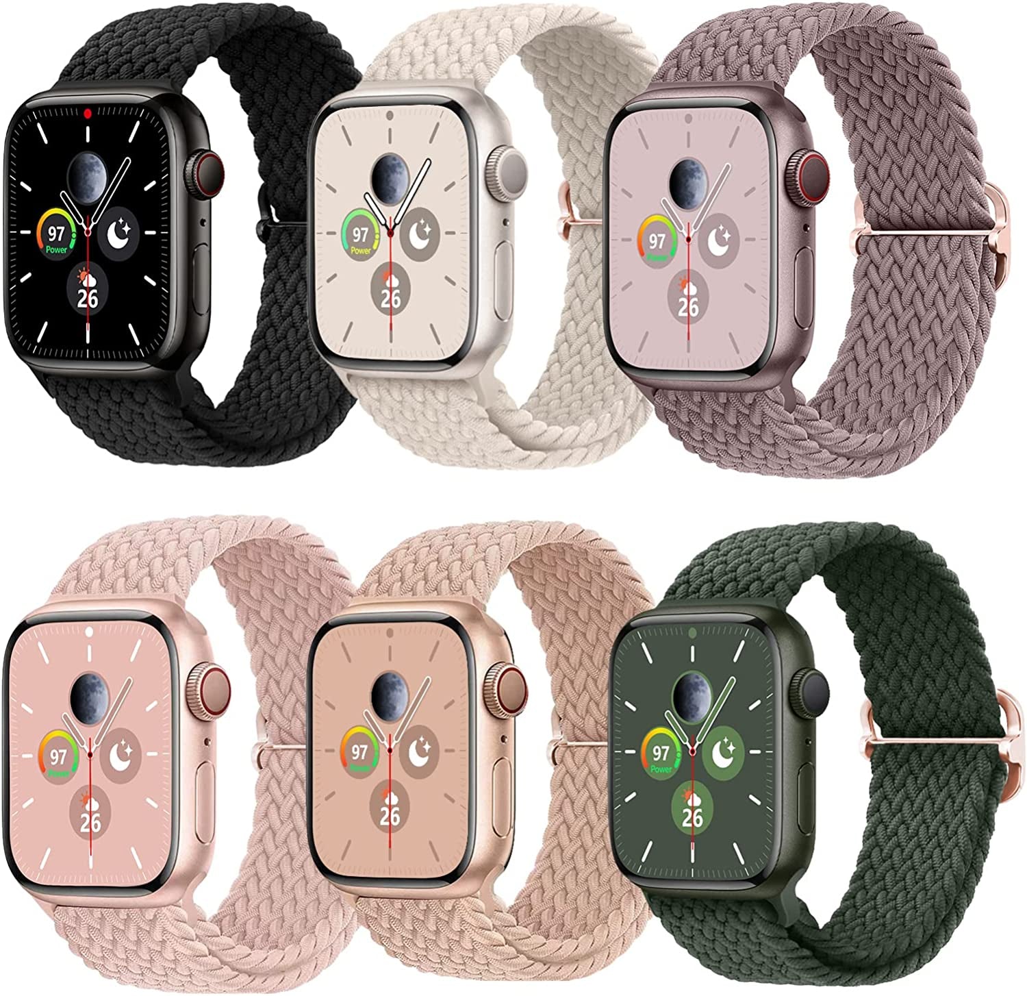 Stretchy Braided Solo Loop Compatible with Apple Watch Bands 38Mm 40Mm 41Mm 42Mm 44Mm 45Mm for Women Men Adjustable Straps Elastic Sport Wristbands for Iwatch Series 8 7 6 SE 5 4 3 2 1 Ultra  MBNIBNVT Starlight/Black/Smoke Violet/Cream Pink/Milk Tea/Cactus 38/40/41MM 