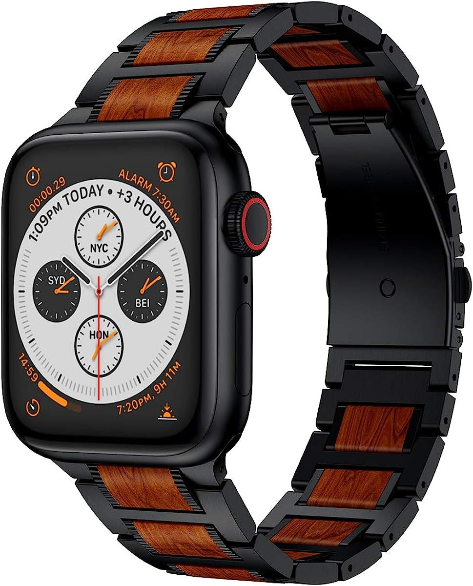 LDFAS Compatible for Apple Watch Band 45Mm 44Mm 42Mm, Natural Wood Red Sandalwood Stainless Steel Metal Strap for Iwatch Bands Compatible for Apple Watch SE, Apple Watch Series 7/6/5/4/3  LDFAS   