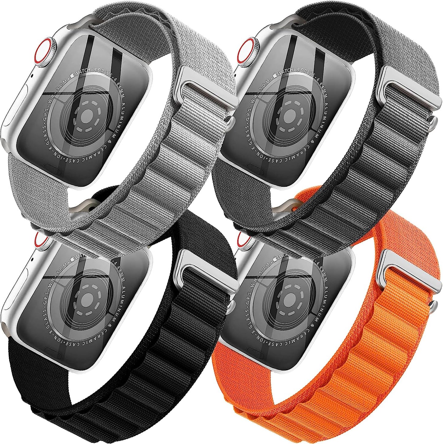 4 Pack Alpine Loop Nylon Band Compatible with Apple Watch Band 42Mm 44Mm 45Mm 49Mm Women Men, Adjustable with Metal G-Hook Strap for Iwatch Ultra Series SE 8/7/6/5/4/3/2/1,Black/Orange/Starlight/Green  FnKer B-Black/Orange/Dark Gray/Silver Gray 42/44/45/49mm 