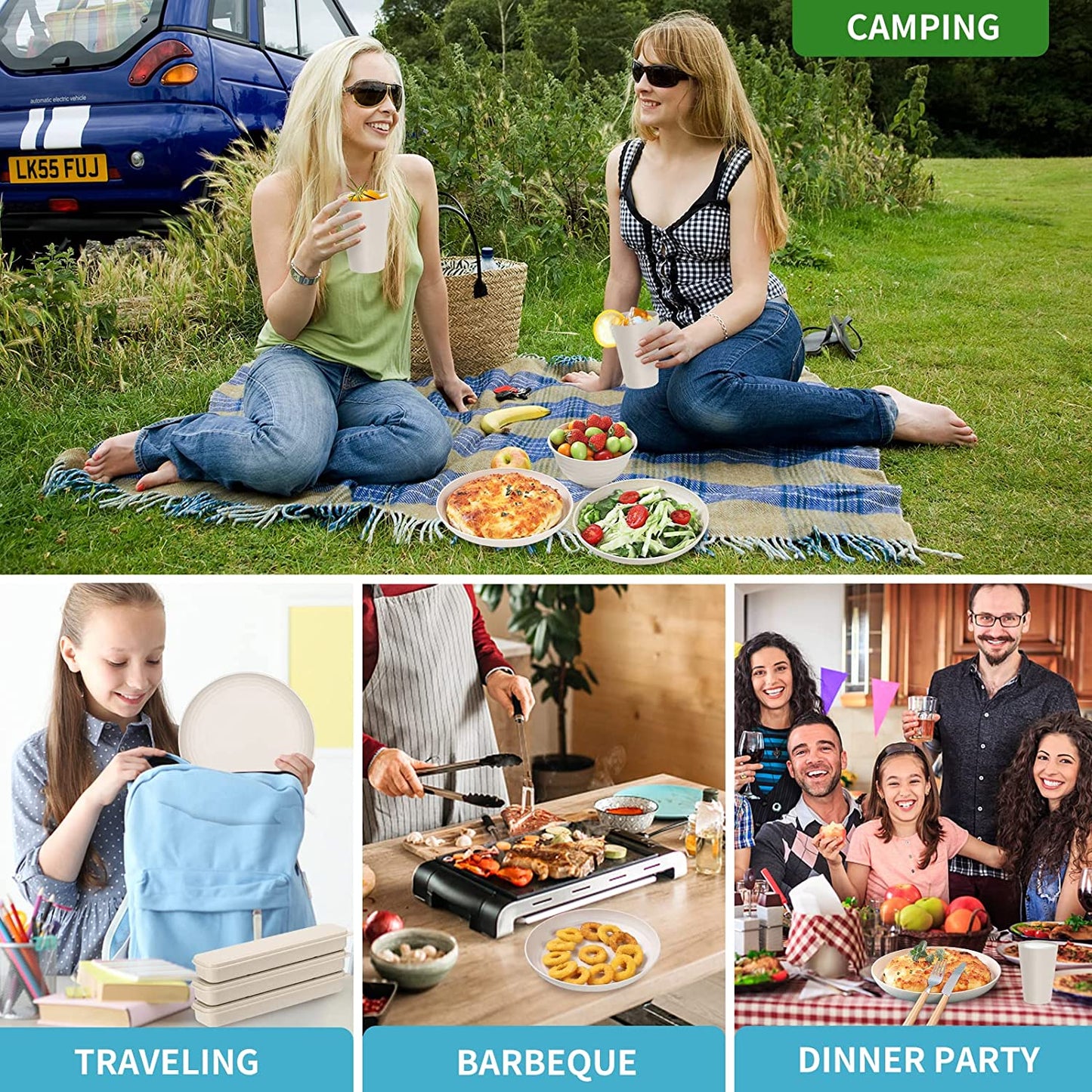 28Pcs Wheat Straw Dinnerware Sets, Plates and Bowls Sets for 4, Large Plates, Bowls, Cups for Camping, Picnic Microwave Safe  Wwyybfk   