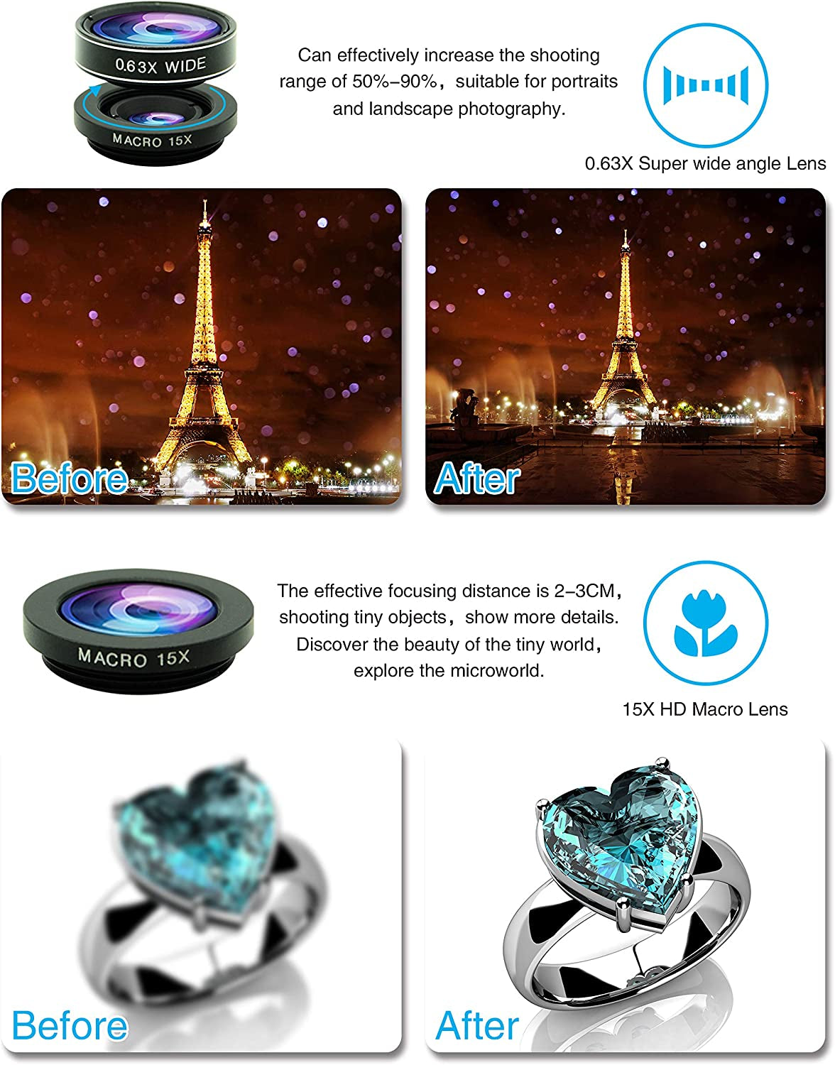 8 in 1 Phone Camera Lens Kit, 0.63Wide Angle Lens+15X Macro+198°Fisheye+2X Telephoto+Kaleidoscope+Cpl/Starlight/Universal Clip, Zoom Compatible with Iphone Samsung Smartphones (Black)  Bsy Digital   