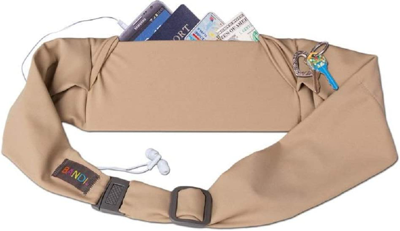 BANDI Large Travel and Running Belt, Securely Carry Keys, Phone, Medicine, Money or Food While You Exercise or Travel within Its Sleek 3 Pocket Design, Size 7.5 Inch by 3.5 Inch Black Solid One Size  BANDI WEAR LLC Taupe  