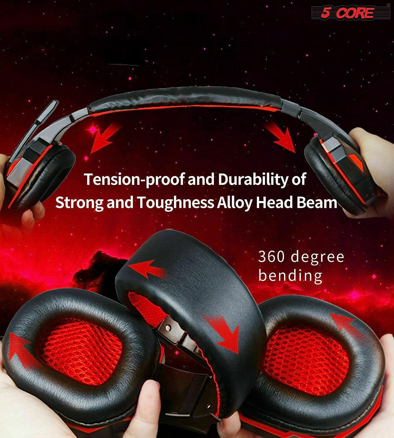 5 CORE 2Pcs Gaming Headset for PS4 PC One PS5 Console Controller, Noise Cancelling Microphone over Ear Stereo Earphones with Mic, LED Light, Bass, Earmuffs for Laptop NES Games Red & Blue HDP GM1 R+B  5 Core Inc.   