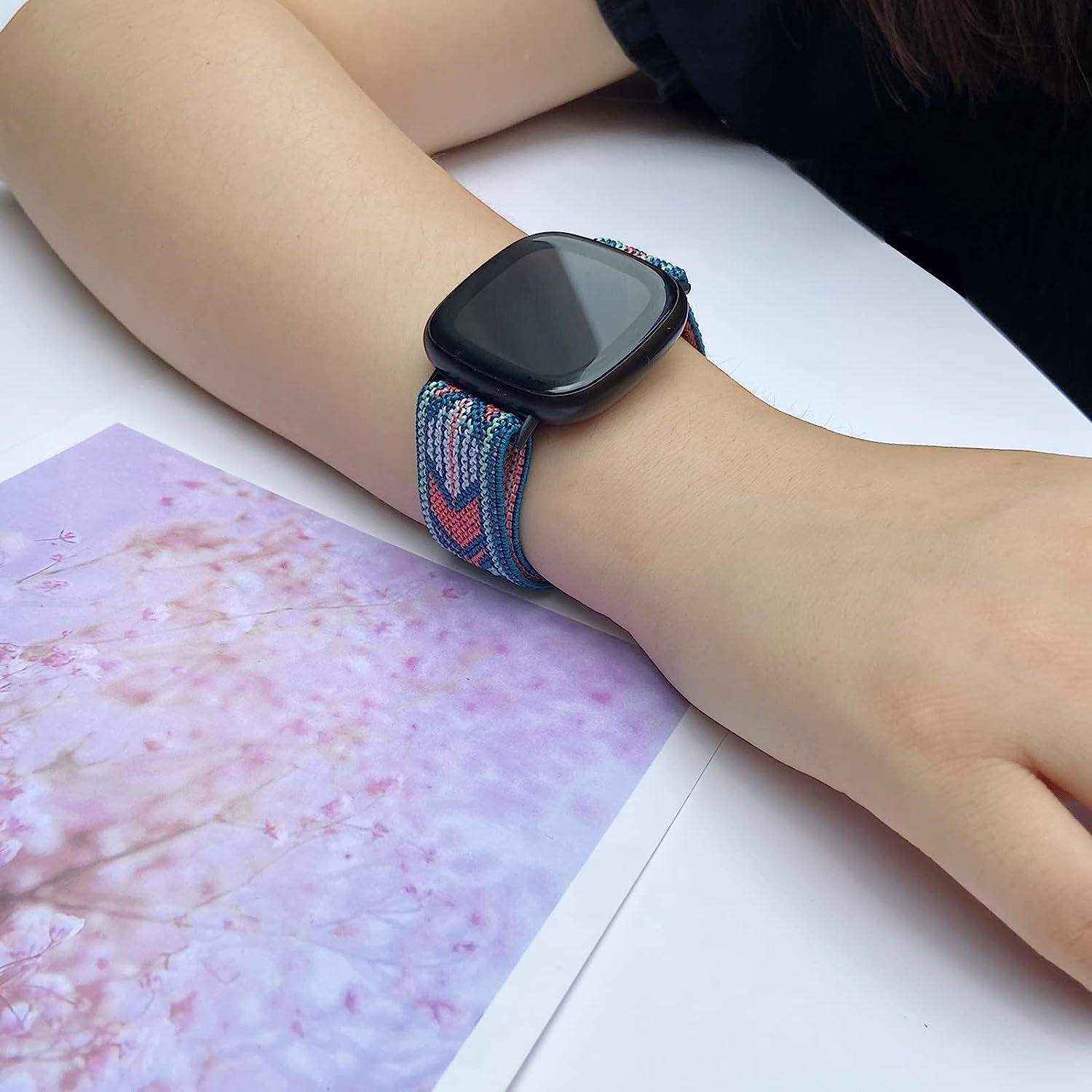 4 Pack Stretchy Bands Compatible with Fitbit Versa 3/Fitbit Versa 4/Fitbit Sense 2/Fitbit Sense Bands Women Men, Adjustable Elastic Breathable Loop Nylon Replacement Straps for Fitbit Sense & Versa 3  POHNUI   