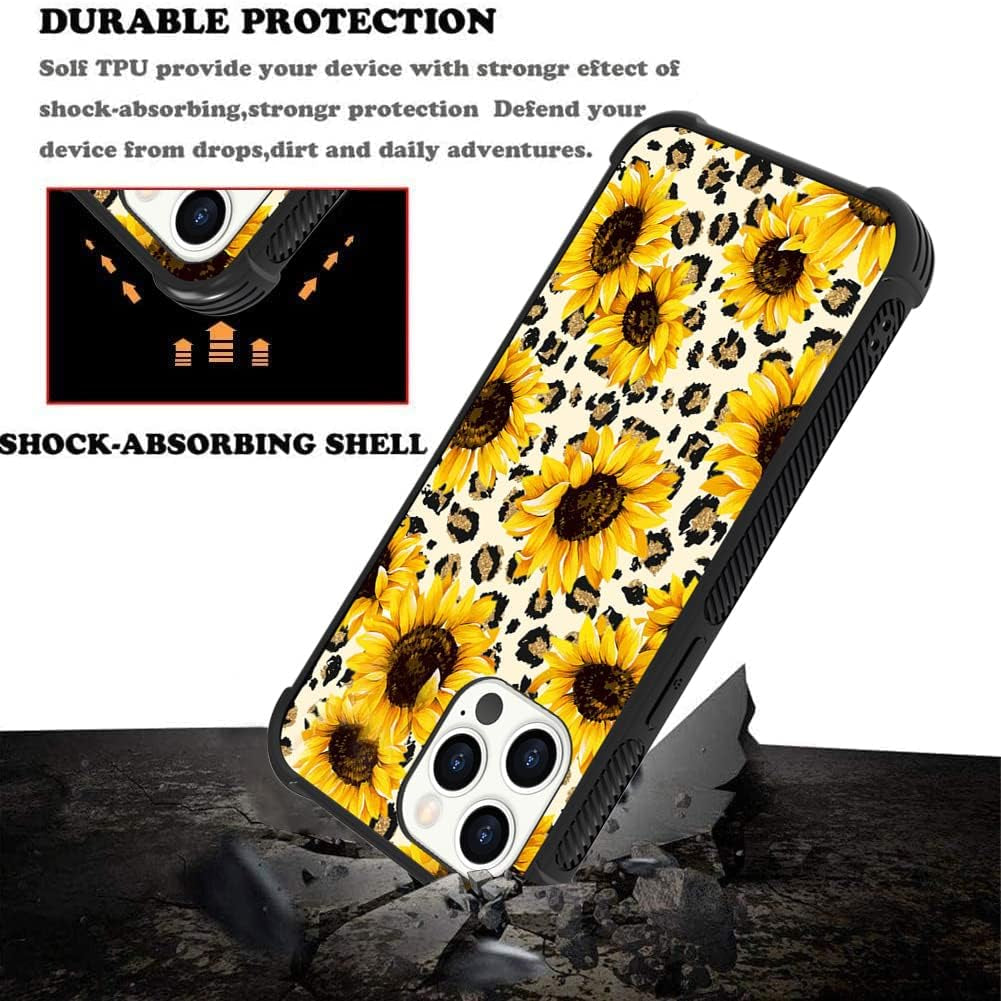 Wlxee Compatible with Iphone 12 Pro Max Case for Women Girls Leopard Sunflower Print Soft TPU Hard Back Shockproof Non-Slip Anti-Scratch Protective Durable Slim Cover Case for Iphone 12 Pro Max  Wlxee   
