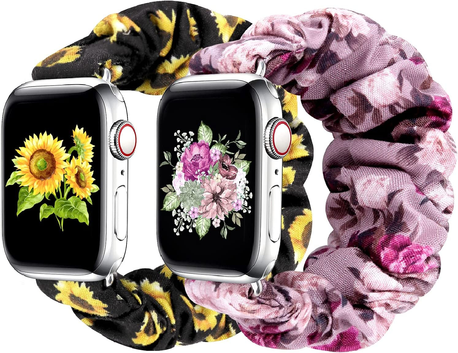 Greatfine Compatible for Apple Watch Band Scrunchie 38Mm 40Mm 41Mm 42Mm 44Mm 45Mm,Soft Elastic Scrunchie Watch Bands,With Iwatch Series 8 7 6 SE 5 4 3 2 1 Ultra,Replacement Wristband for Women(S/M)  HSELE 2PC-Sunflower + Purple Floral 42mm/44mm/45mm-S/M 