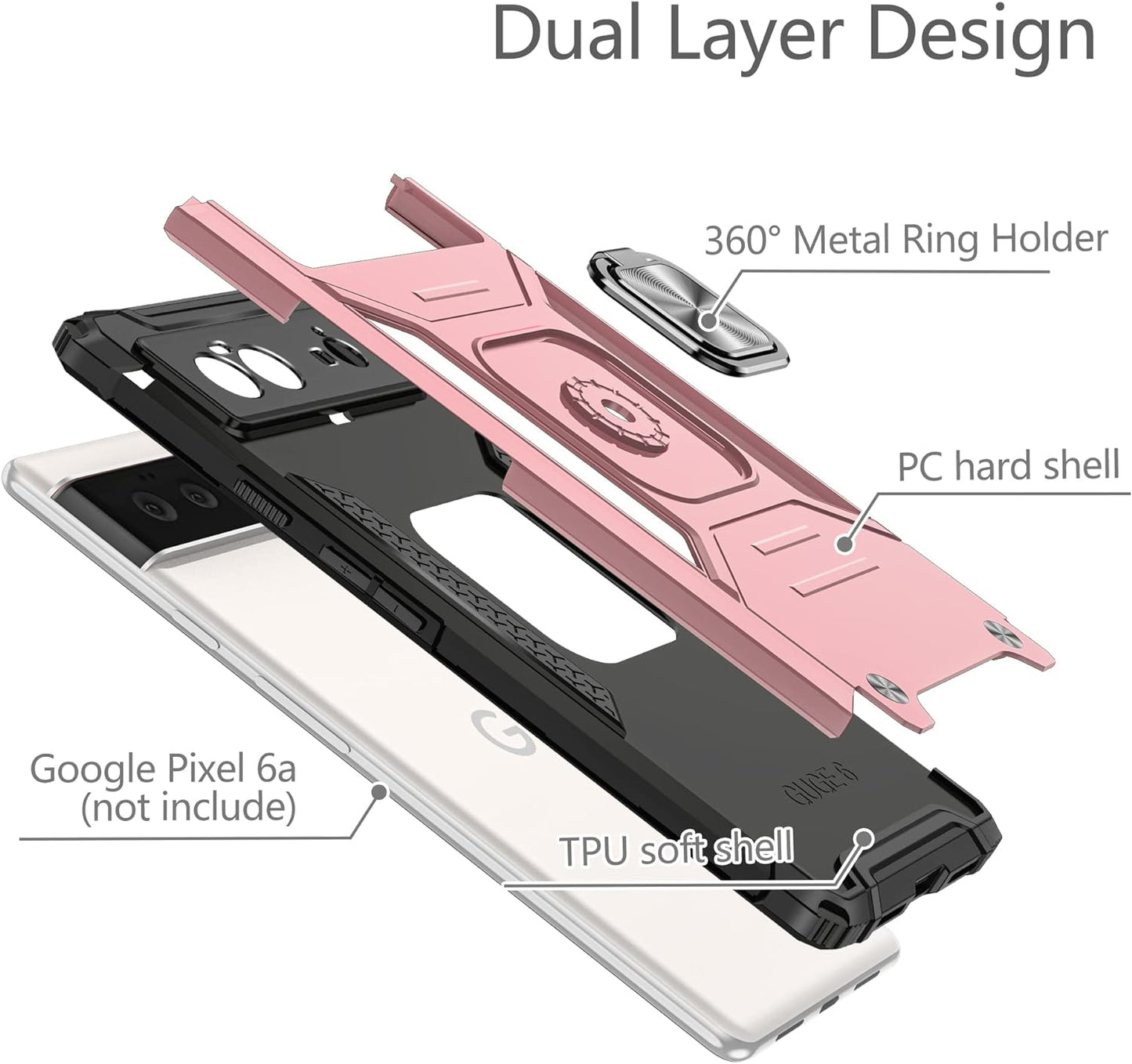 Google Pixel 6 Case, Google Pixel 6 Case with 3 Pcs Tempered Glass Screen Protector, Built in Magnetic Ring Kickstand Military-Grade Hard PC TPU Shockproof Aromr Case for Google Pixel 6 - Rose Gold  GAMEMIUZ   