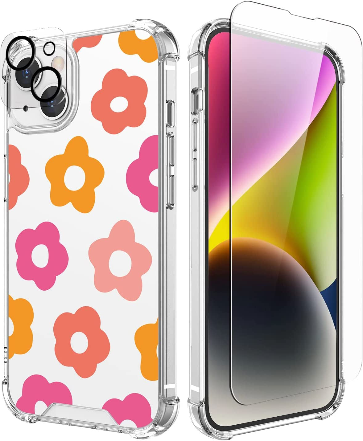 Cutebe [3 in 1 Crystal Phone Case for Iphone 13(2021)/Iphone 14(2022) 6.1", Cute Protective Cover with 9H Temper Glass Screen Protector + HD Temper Camera Lens Protector for Women, Girls  Cutebe iPhone 13/14-Colorful Retro Flower iPhone 13/14 Case 6.1 Inch 