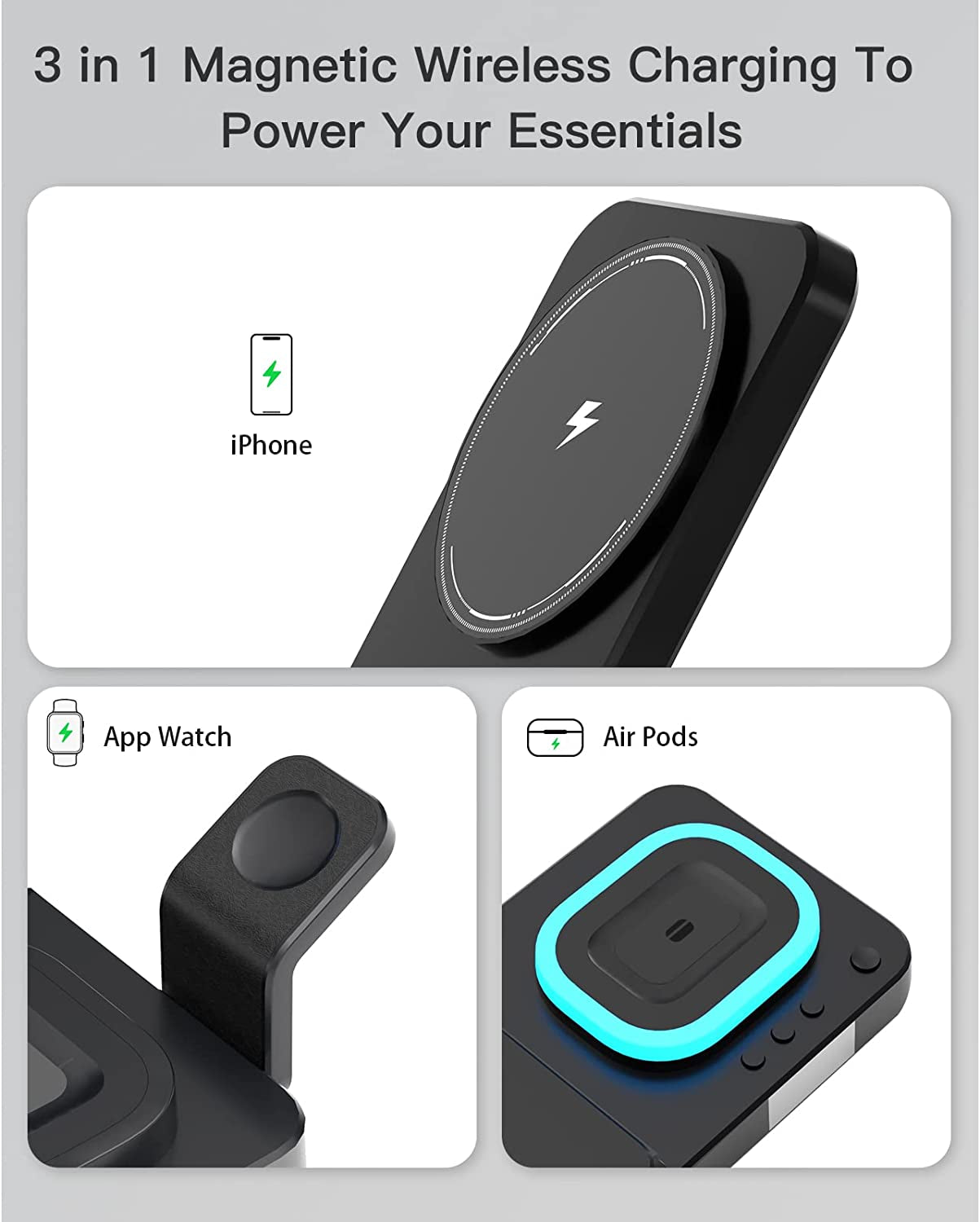 Magnetic Wireless Charger,3 in 1 Magnetic Charging Station,For Mag-Safe Charger with QC3.0 Adapter, for Iphone 14/13/12/11/X/8, for Iwatch, for Airpods 3/2/Pro, for Samsung Galaxy Z Fold3/4  Anmeix   