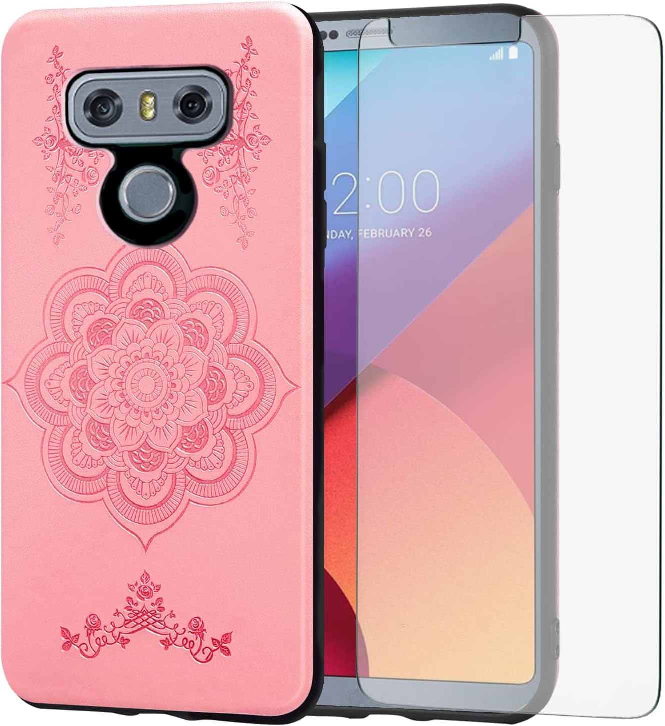 Asuwish Compatible with LG G6 Case and Tempered Glass Screen Protector Thin Slim Soft TPU Flower Rugged Leather Cell Phone Cover for LGG6 Thinq LG6 Thin Q G 6 plus G6+ 6G VS988 H872 Women Rose Gold  Asuwish   